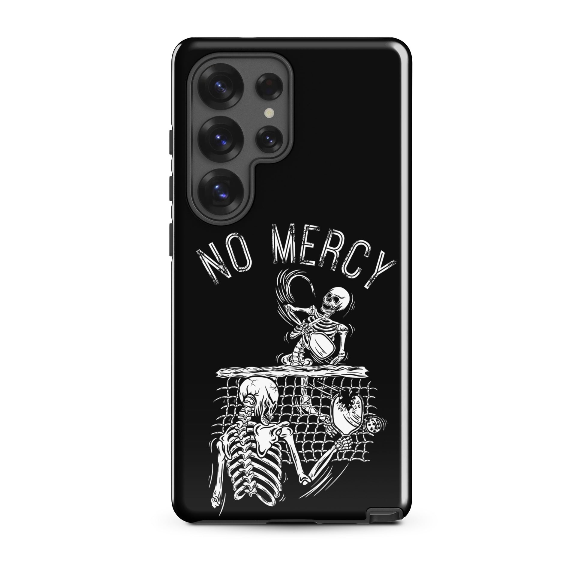 Pickleball Samsung Galaxy case featuring 'No Mercy' design with skeletons at the net.