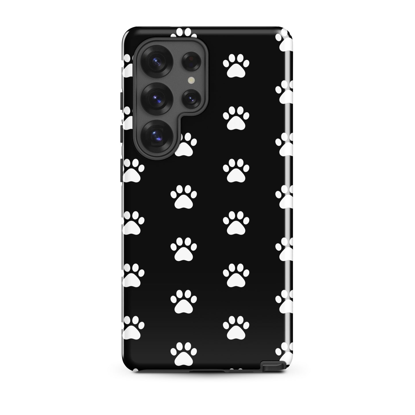 Phone Case for Samsung Galaxy with stylish paw print design for pet lovers on a black background.