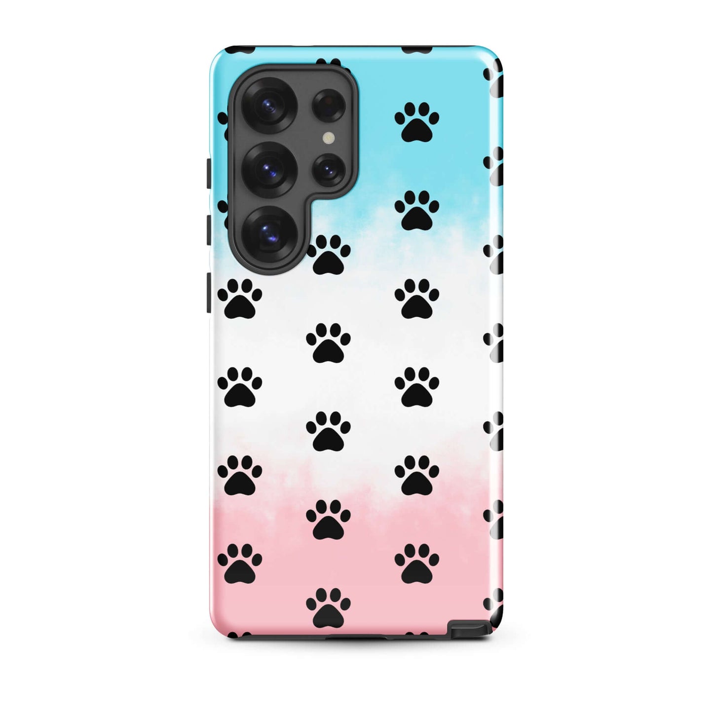 Phone Case for iPhone featuring playful paw print pattern in blue and pink, designed for pet lovers.