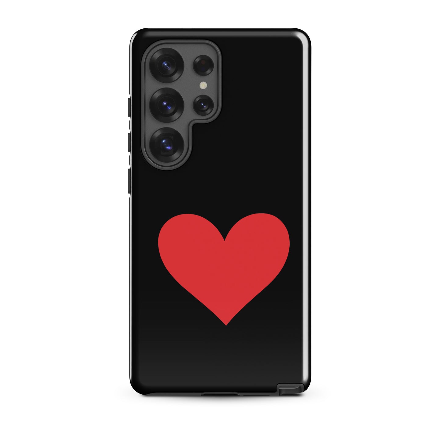 Phone Case for Samsung Galaxy featuring a bold red heart design on a black background.