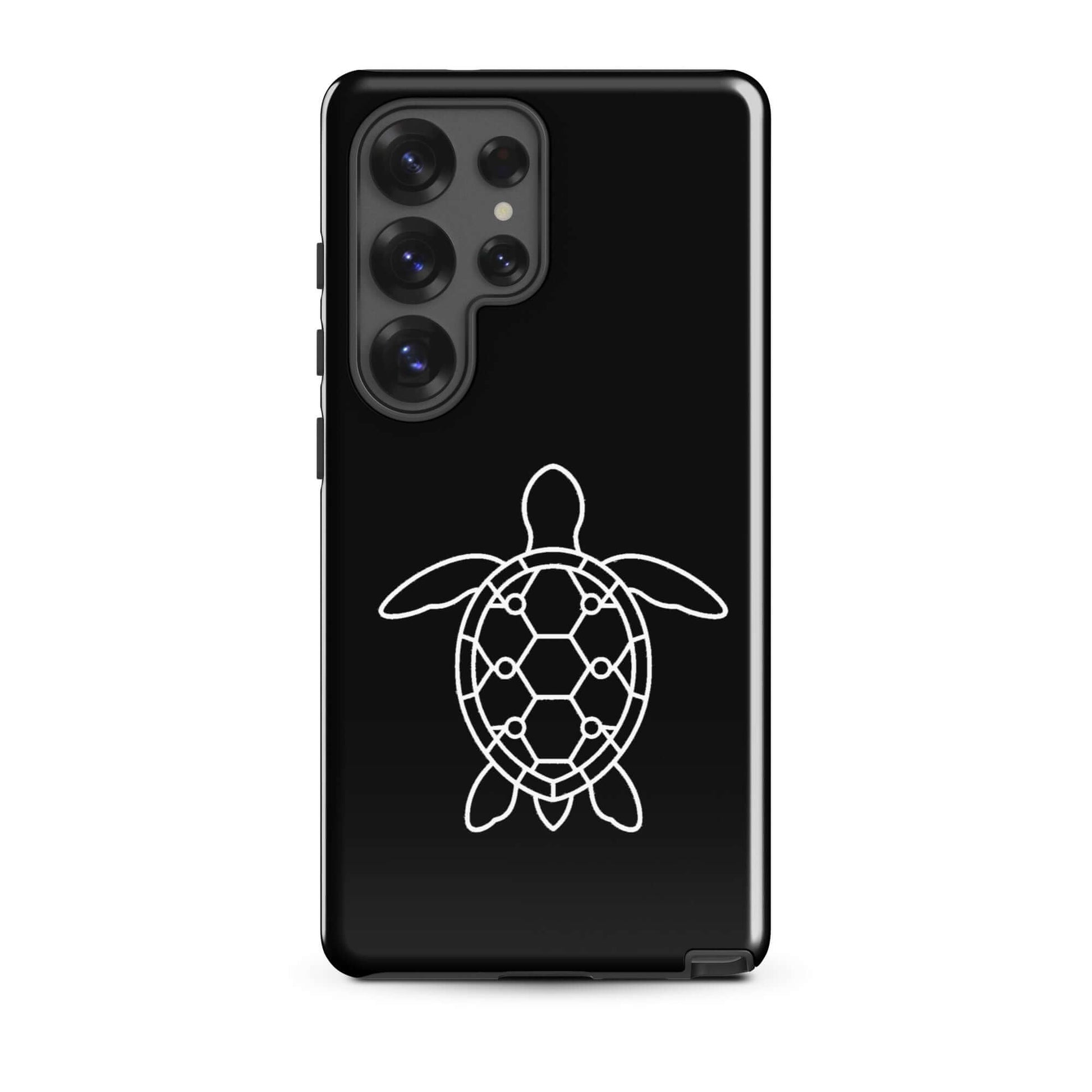 Phone case for Samsung Galaxy featuring a minimalist sea turtle silhouette design on a sleek black background.