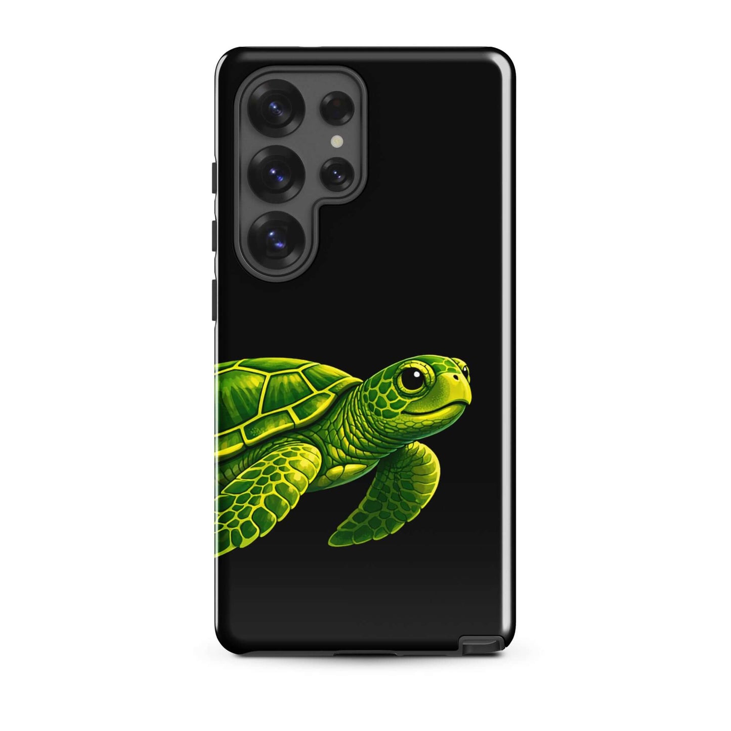 Phone case for Samsung Galaxy featuring vibrant sea turtle design on black background.