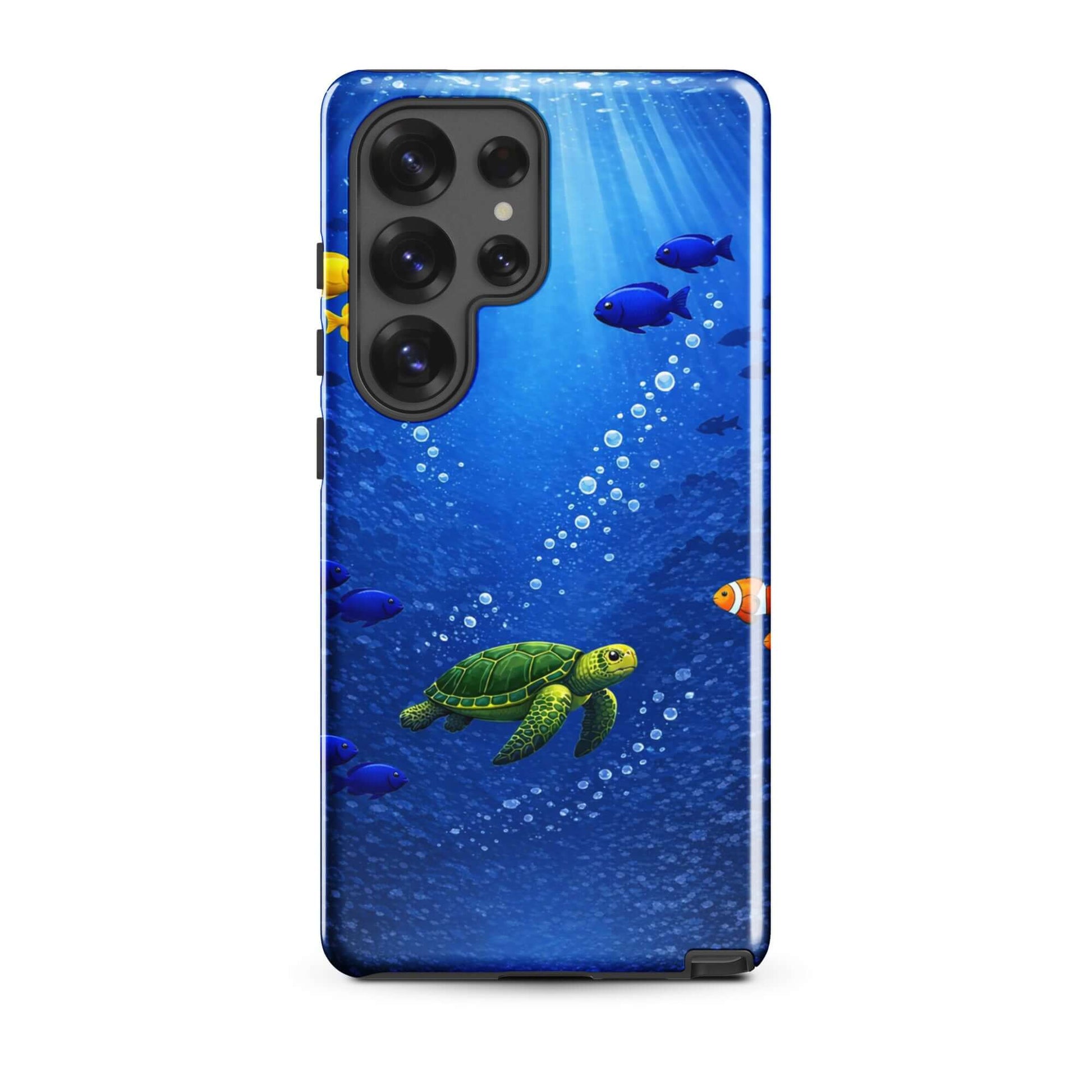 Phone Case for Samsung Galaxy featuring a sea turtle design among colorful tropical fish in a deep blue sea.