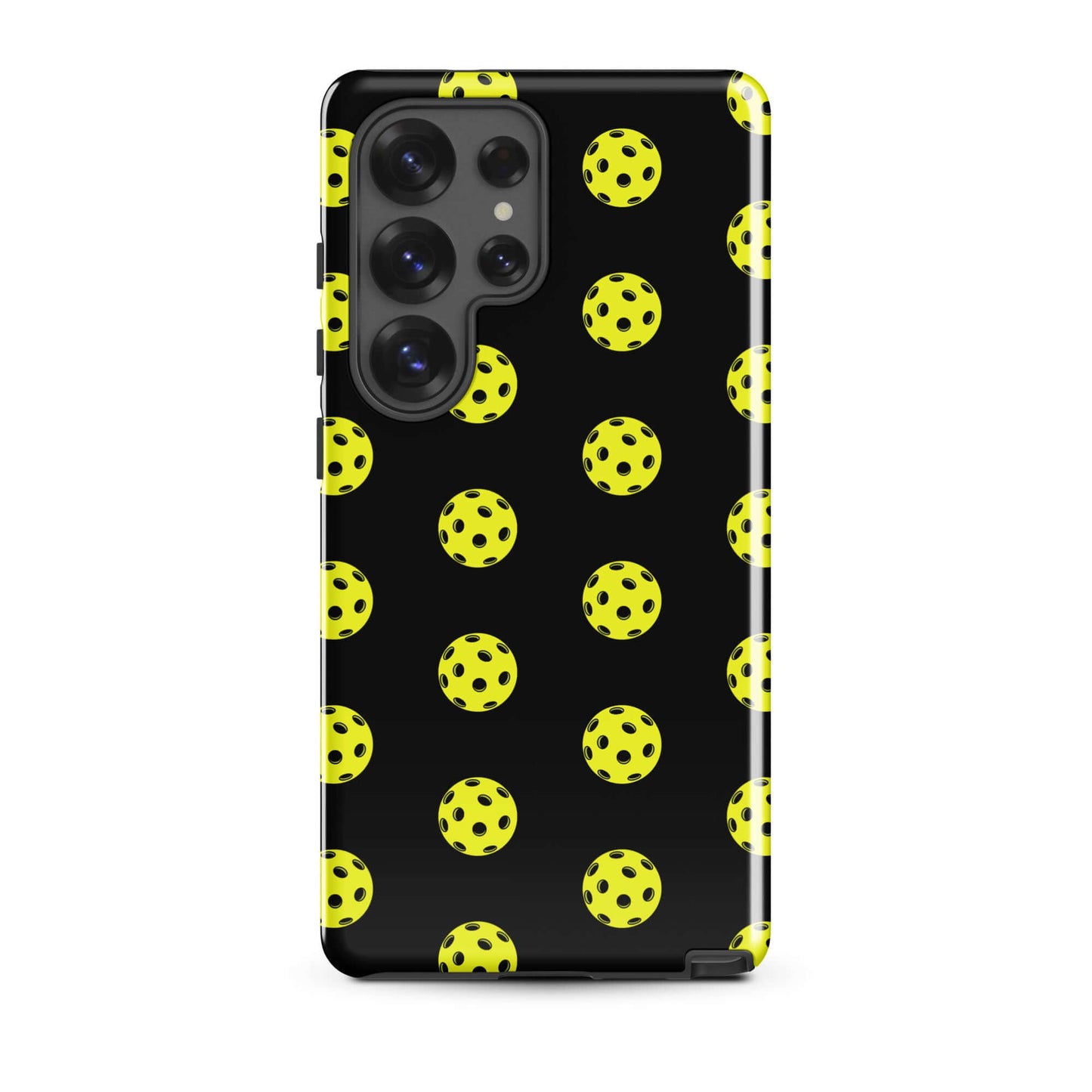 Phone Case for Samsung Galaxy with bold pickleball pattern on black background.