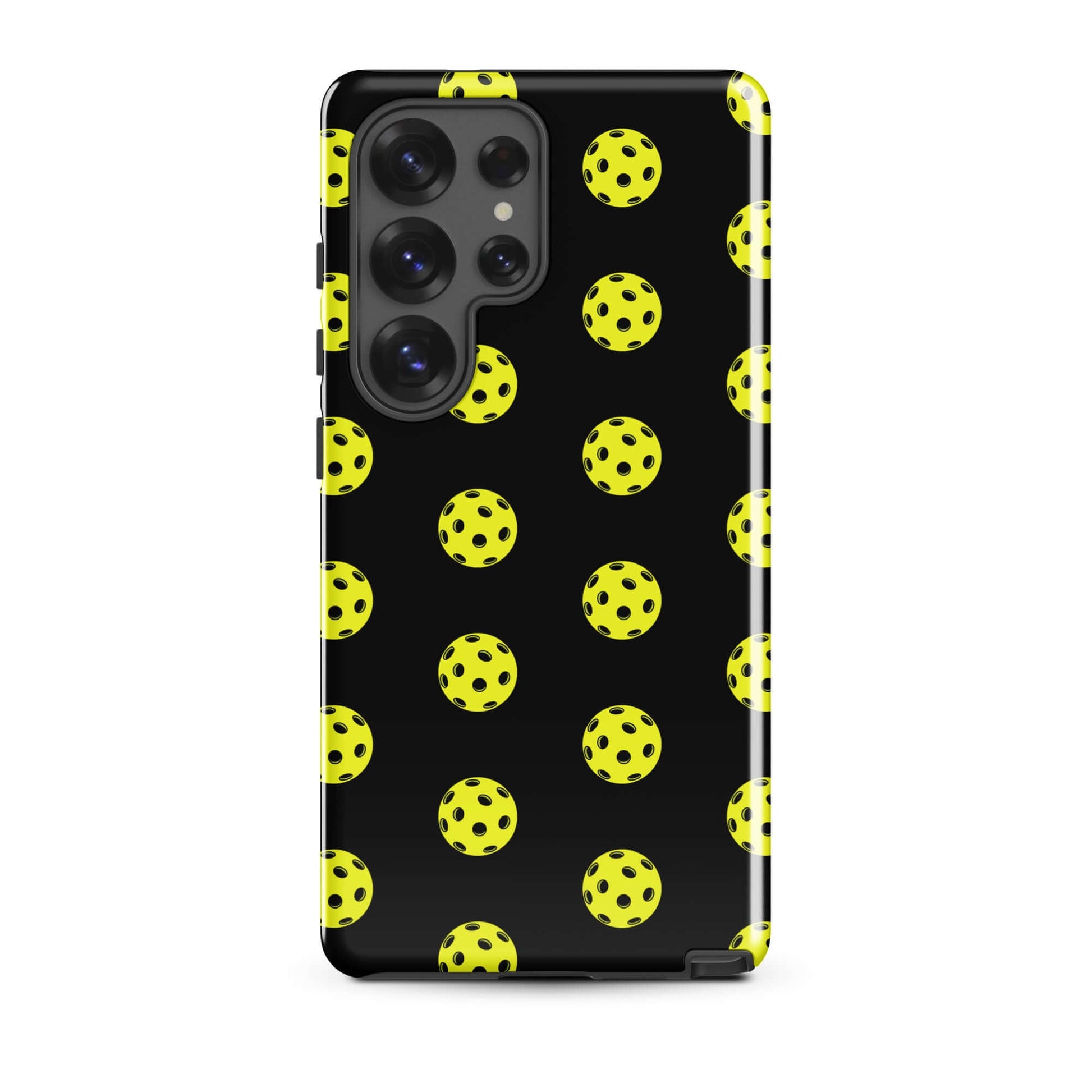 Phone Case for Samsung Galaxy with bold pickleball pattern on black background.
