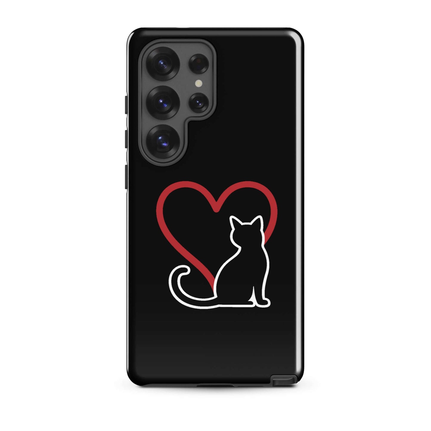Phone Case for Samsung Galaxy featuring an elegant cat design and heart, perfect for cat lovers.