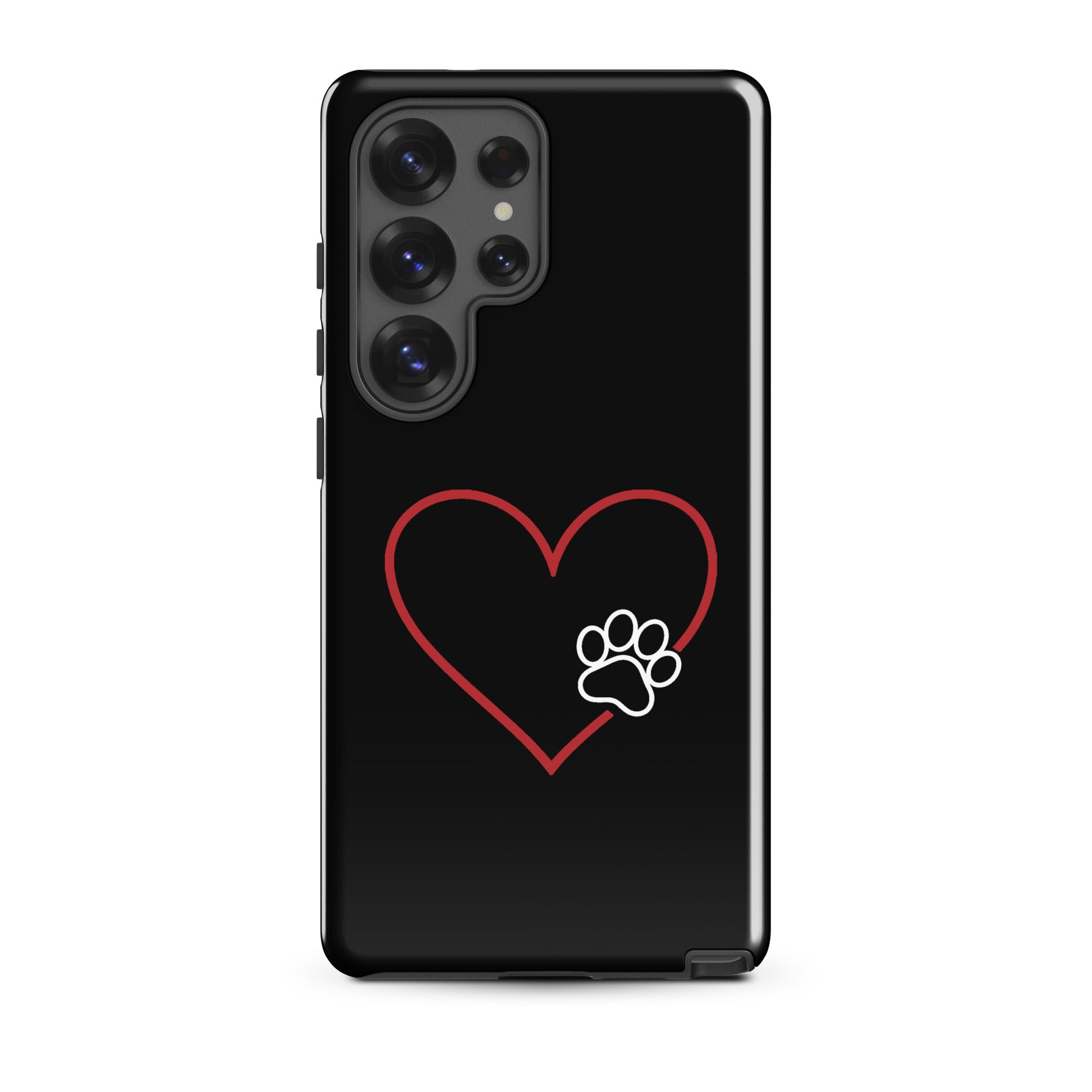 Phone Case for Samsung Galaxy with heart and paw print design, elegant black cover for pet lovers, protective and stylish.