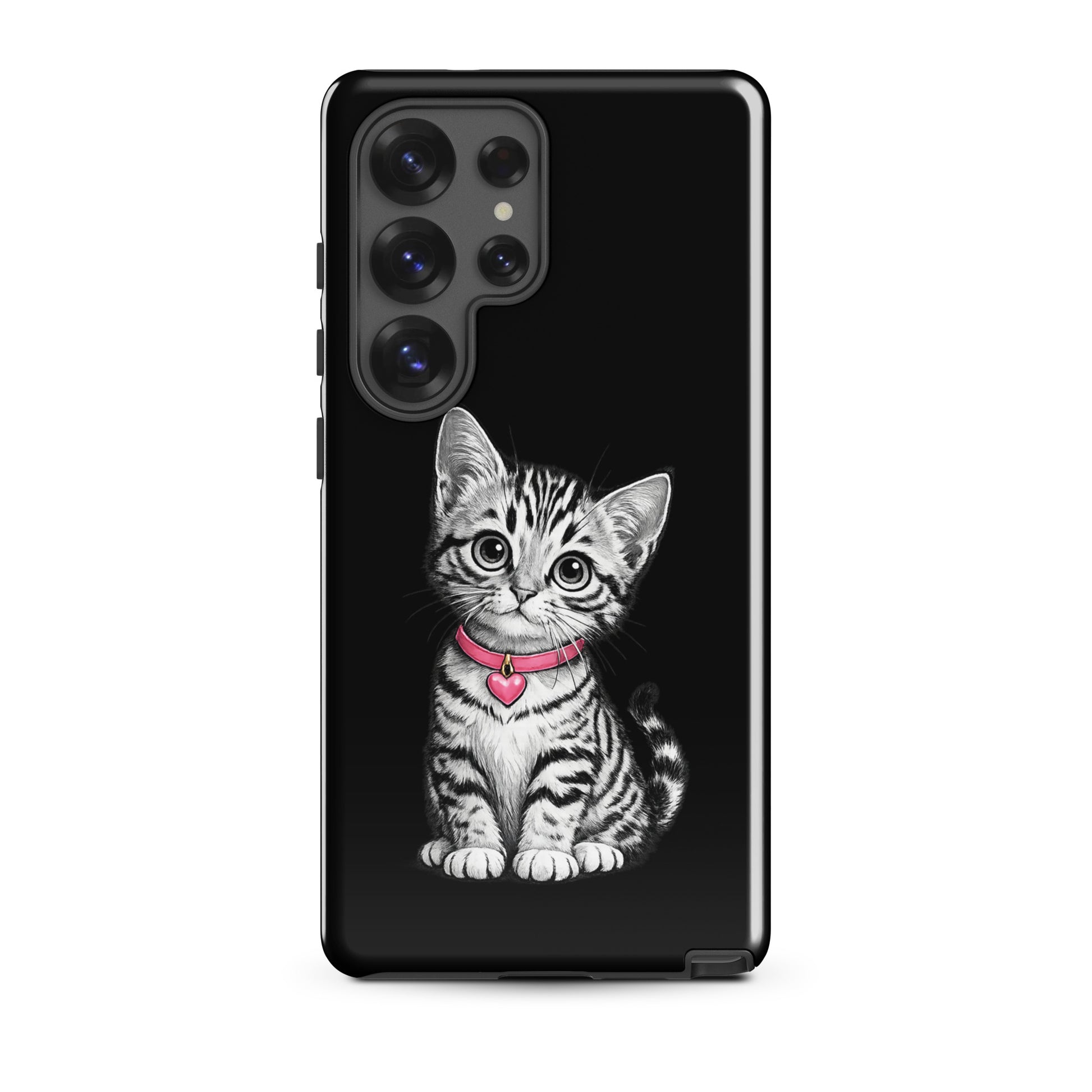 Phone Case for Samsung Galaxy featuring a pencil-sketch kitten with pink heart charm on black.