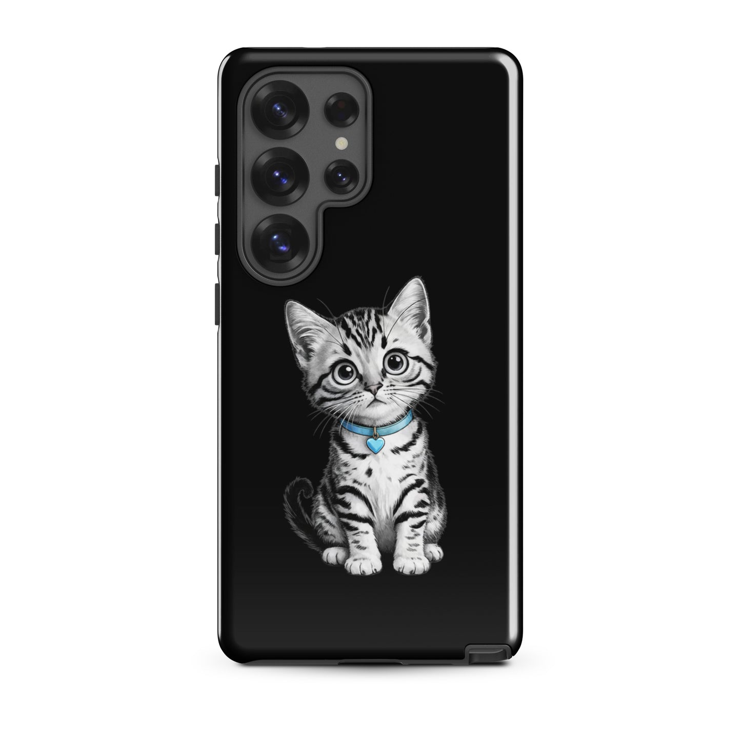 Phone Case for Samsung Galaxy featuring kitten with blue heart charm, artistic black-and-white design, pencil-sketch style.