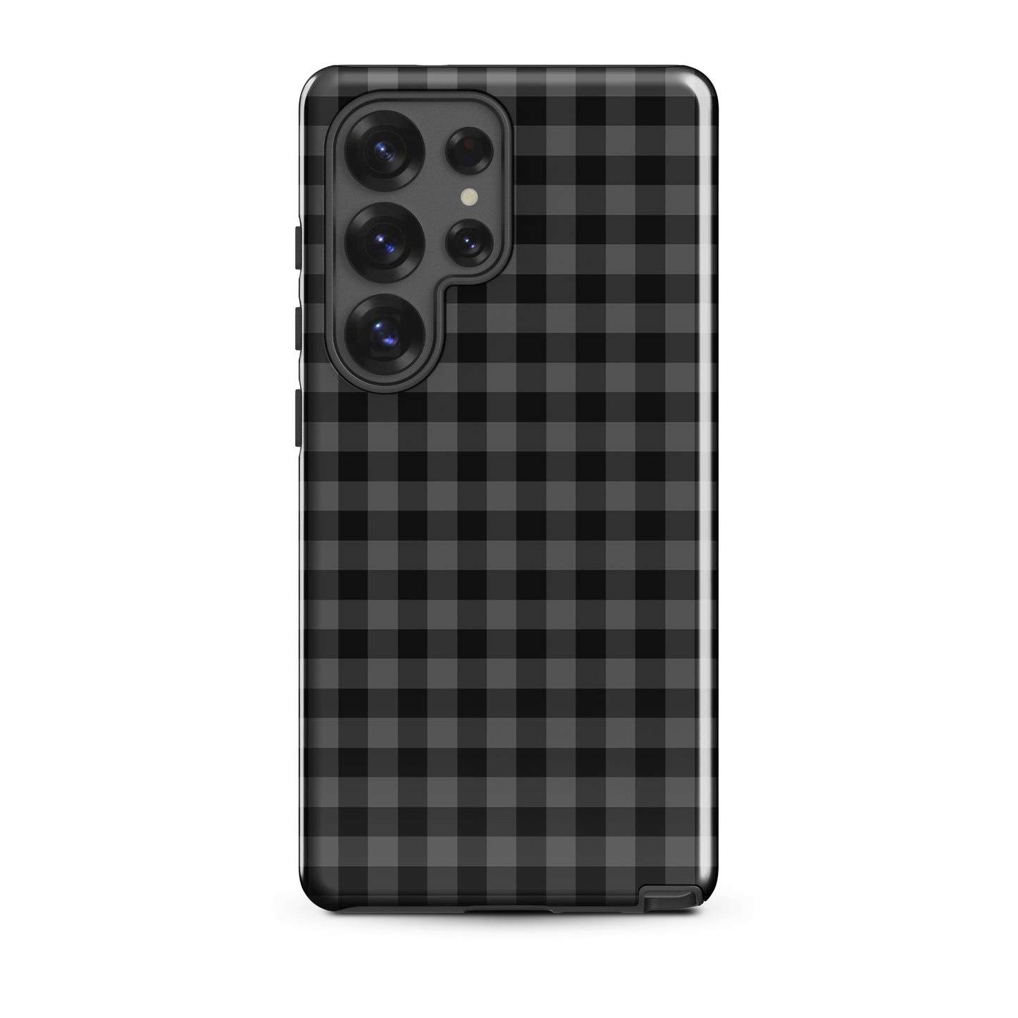 Phone Case for Samsung Galaxy in black-and-charcoal gingham pattern offering chic style and protection.