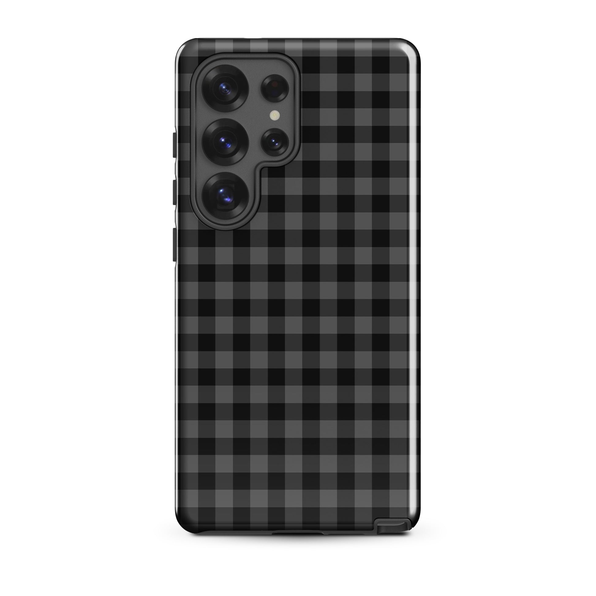 Phone Case for Samsung Galaxy in black-and-charcoal gingham pattern offering chic style and protection.