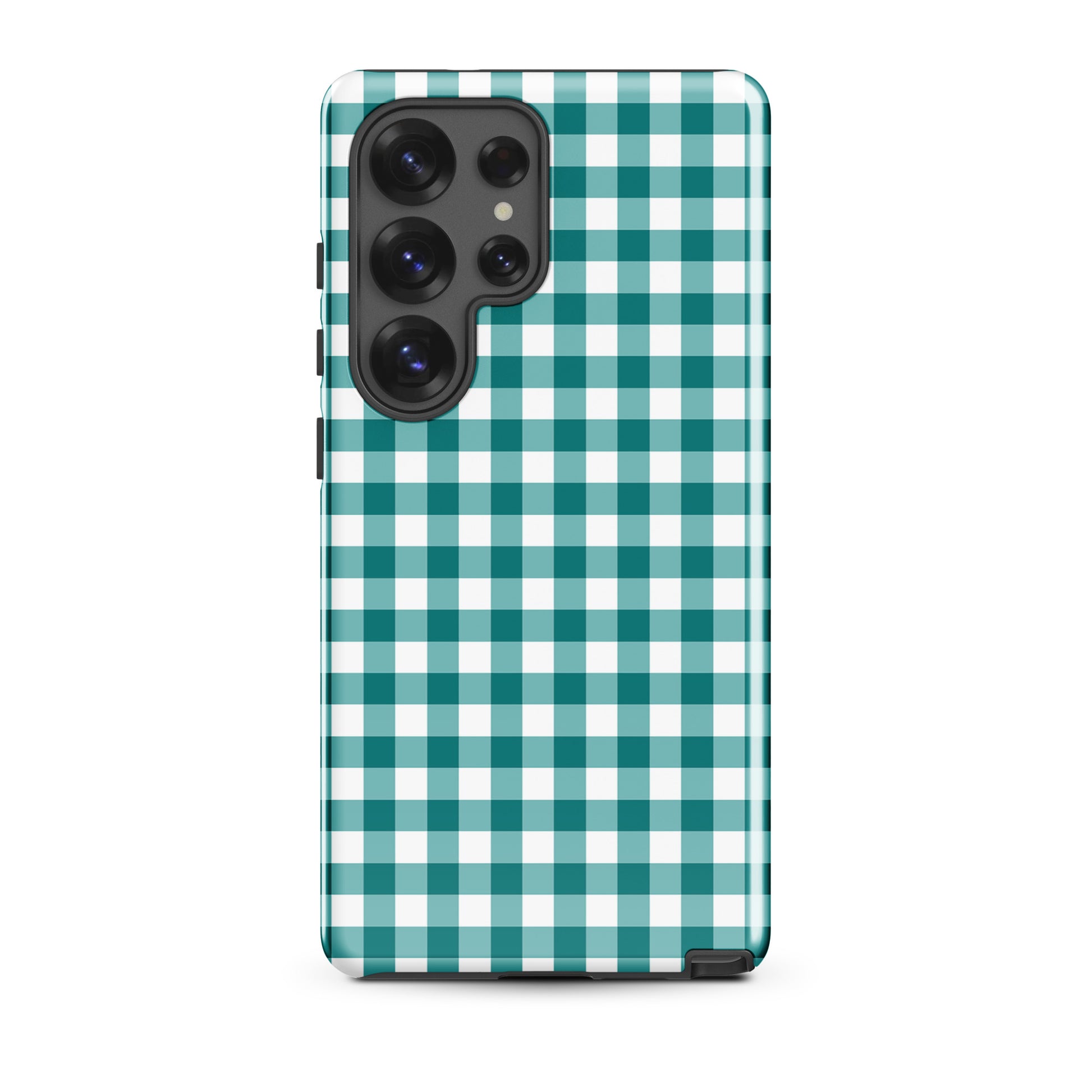 Phone Case for Samsung Galaxy with teal and white gingham pattern, stylish and durable design.