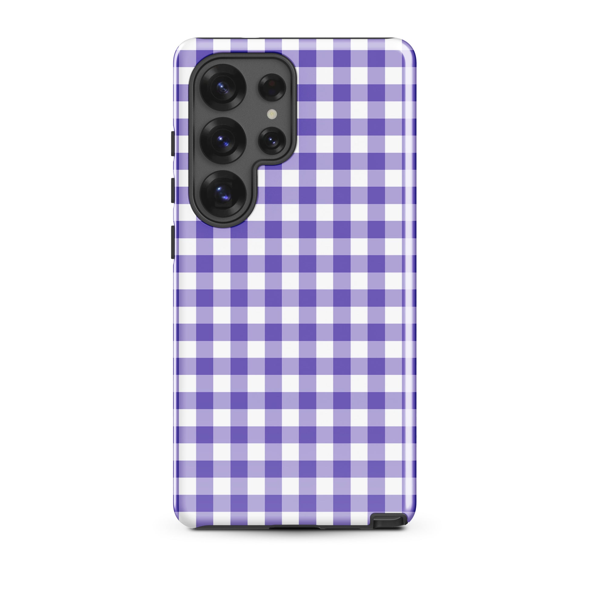 Phone case with purple and white gingham pattern for Samsung Galaxy, combining stylish design with durable protection.