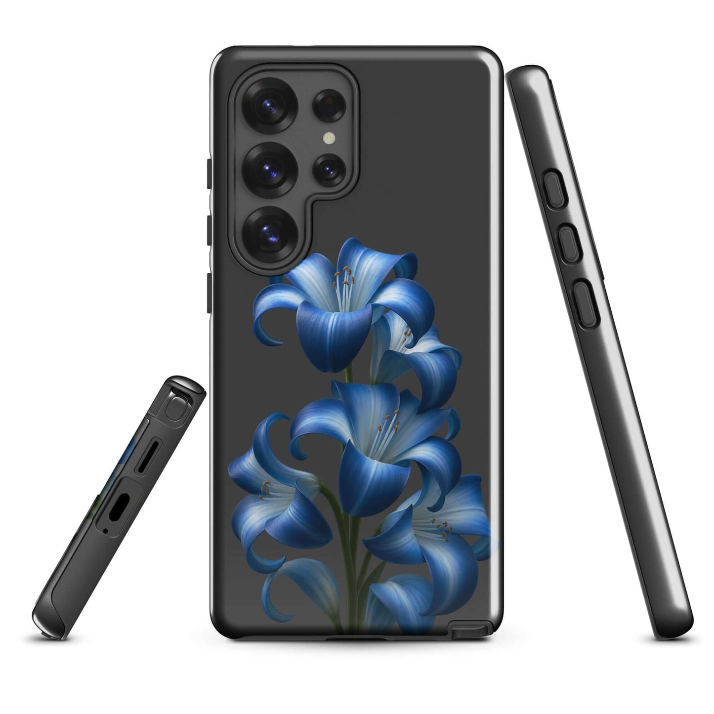 Phone Case with Blue Lily Bloom Art for Samsung Galaxy, featuring vibrant blue flowers and dual-layer protection on a sleek dark backdrop.