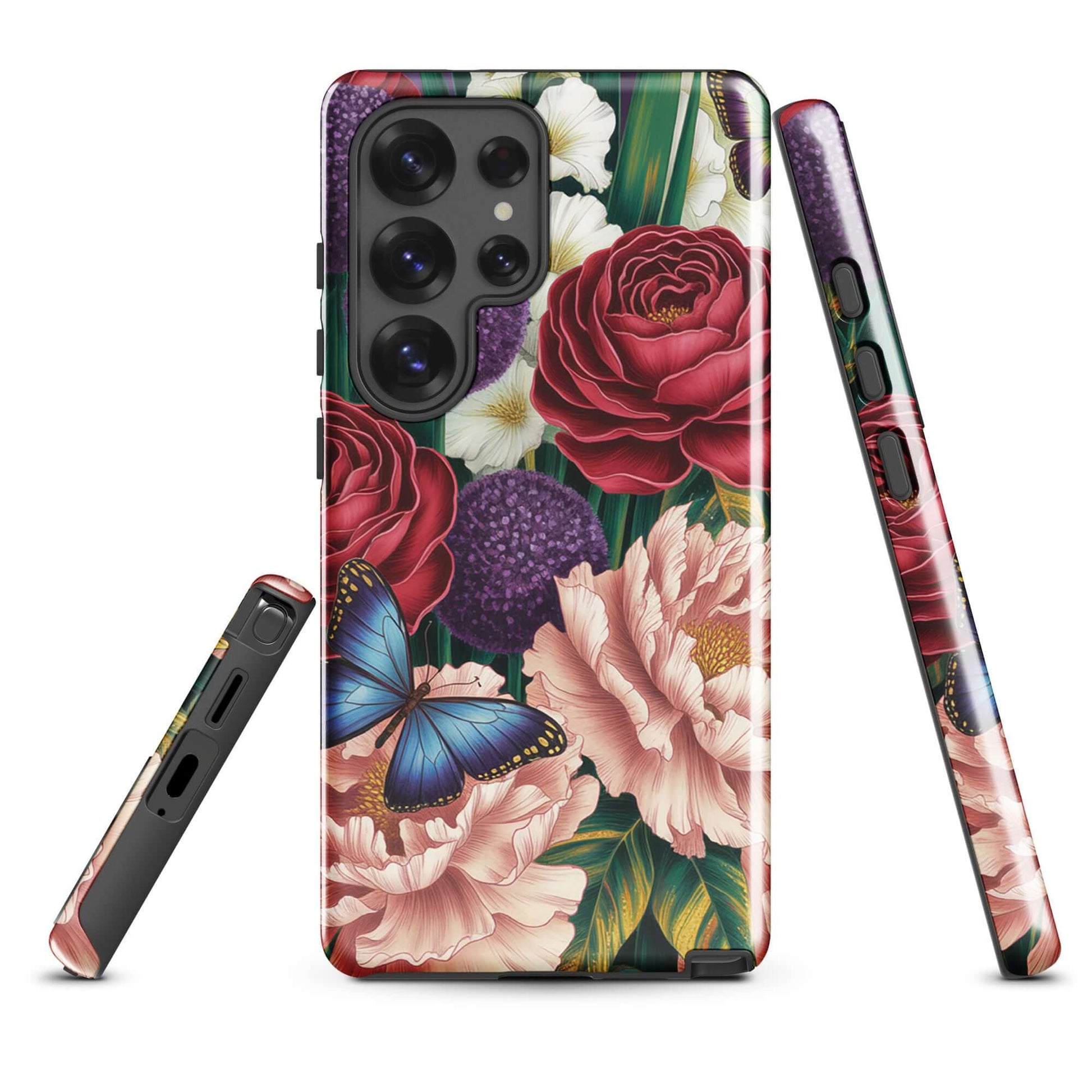 Phone Case for Samsung Galaxy with botanical design, featuring roses, peonies, alliums, foliage, and butterflies.
