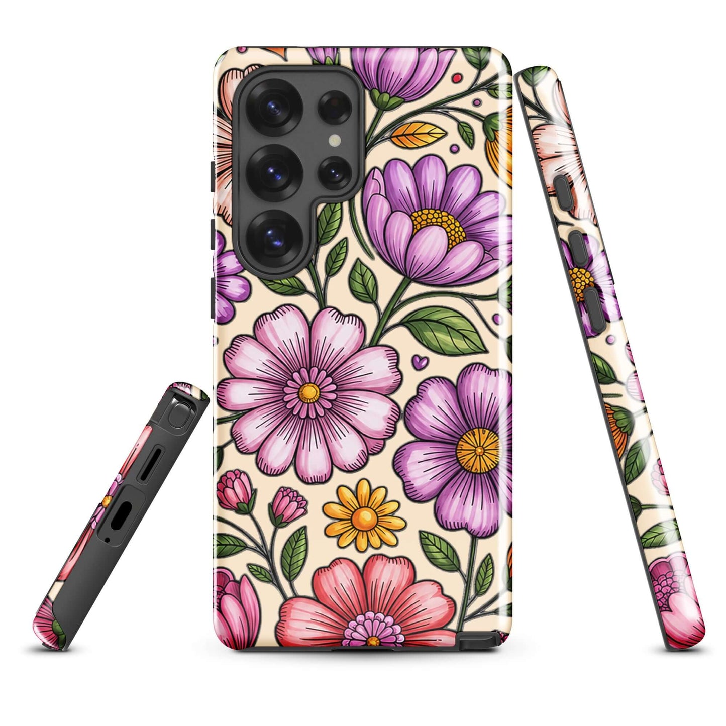 Phone Case for Samsung Galaxy featuring pastel floral design with purple, pink, and yellow flowers on a durable polycarbonate shell.