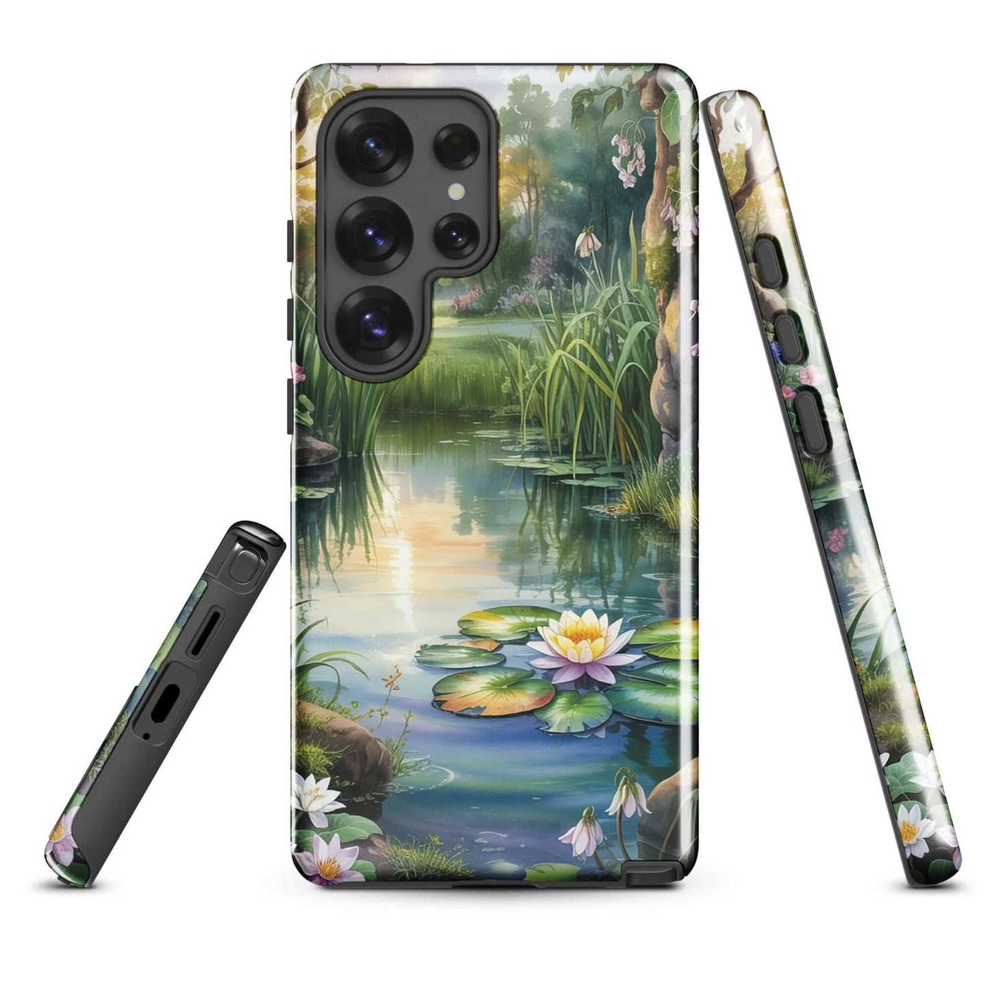 Phone Case for Samsung Galaxy with enchanted pond design featuring water lilies and sunset reflections.