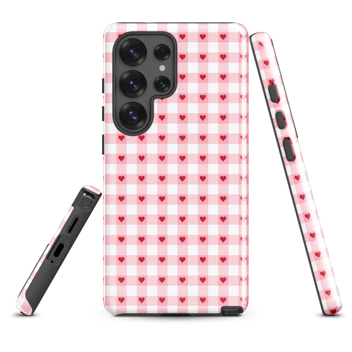 Phone Case for Samsung Galaxy with pink-and-white gingham heart pattern, stylish and durable design for chic accessory lovers.