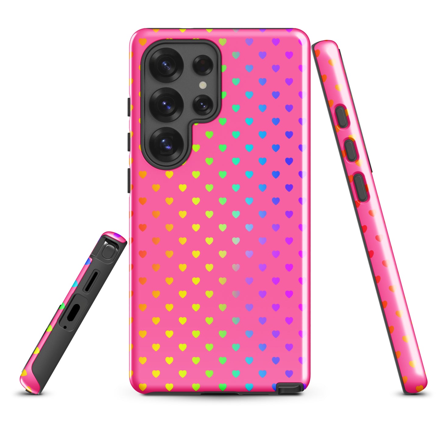 phone case for Samsung Galaxy with rainbow hearts on pink backdrop