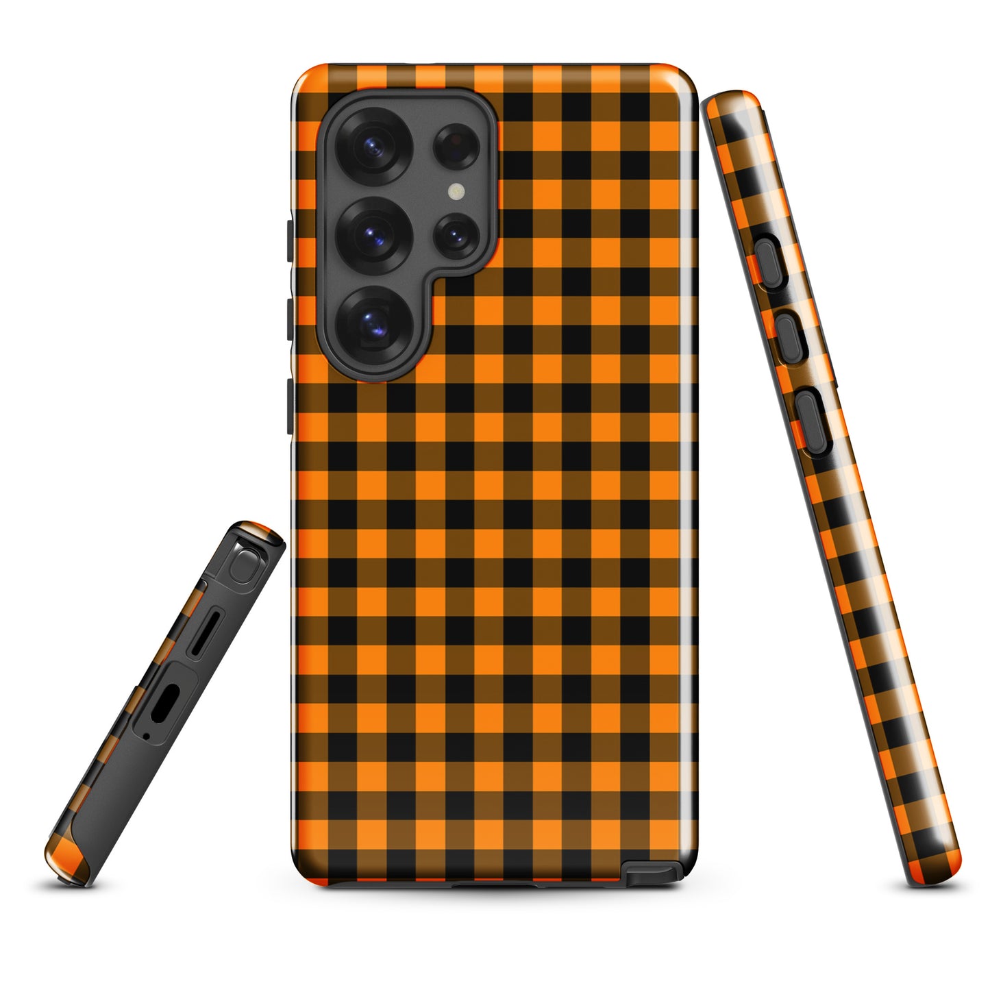 Black-and-orange gingham phone case for Samsung Galaxy with Autumn theme.