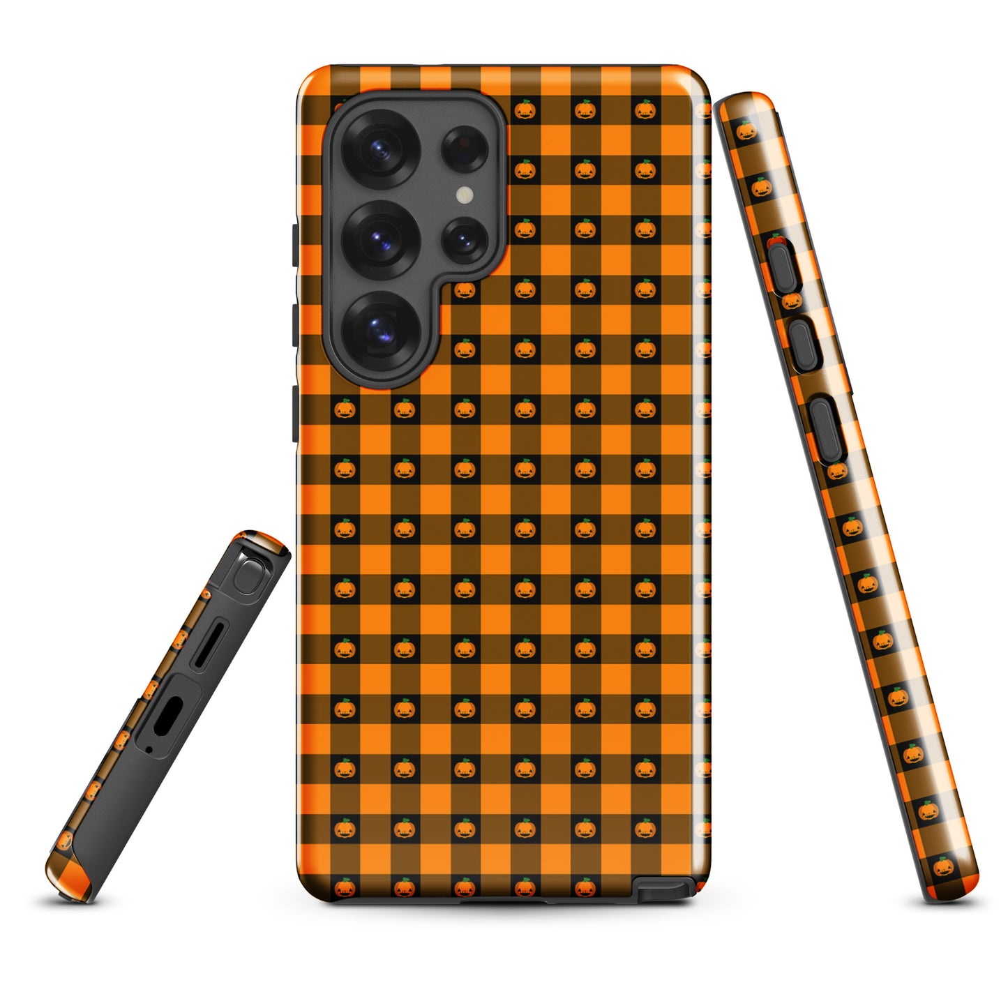 Phone Case for Samsung Galaxy with playful pumpkin gingham Halloween design featuring jack-o’-lantern faces.