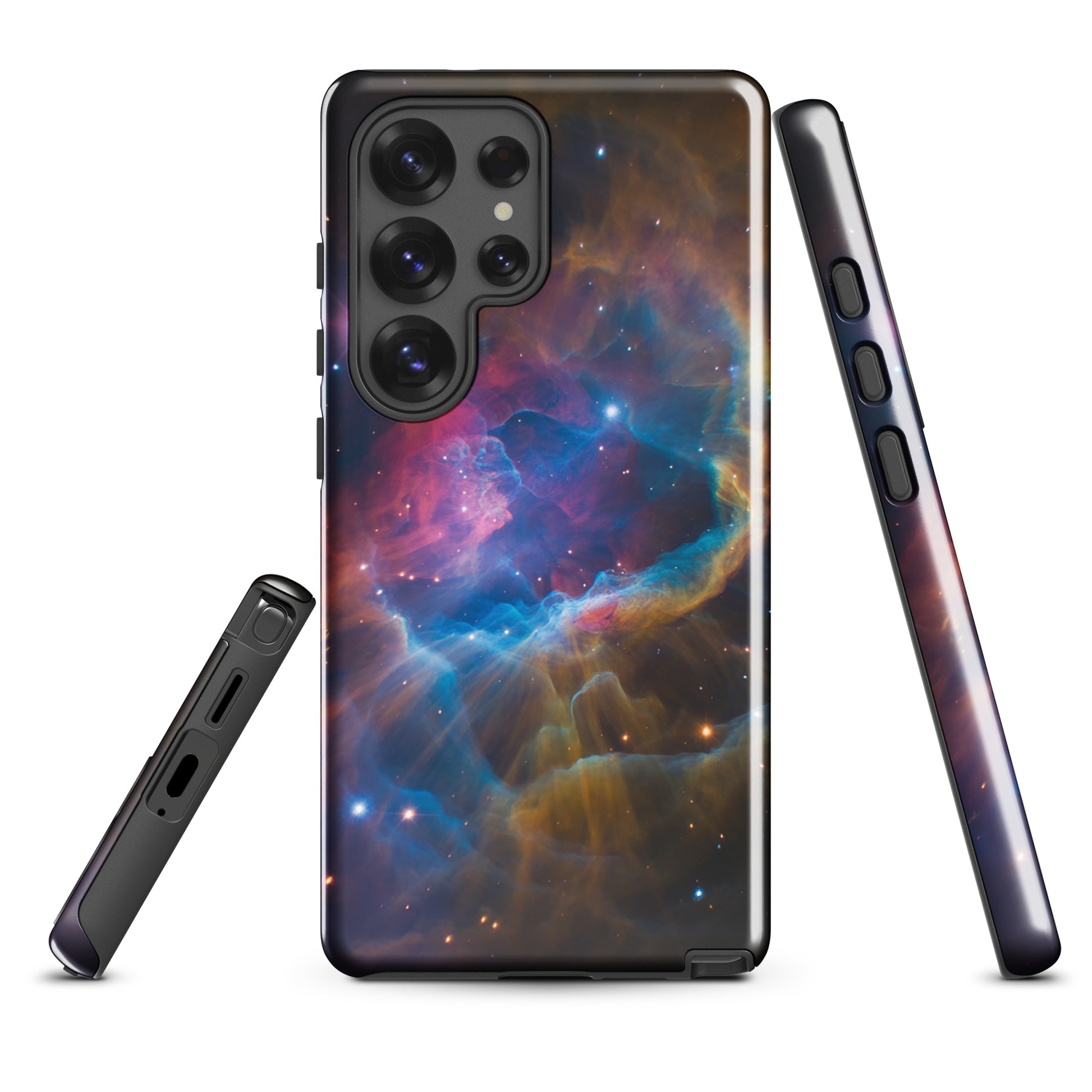 Phone Case for Samsung Galaxy with Nebula Cosmic Dreamscape design featuring swirling nebula in blues, oranges, and pinks.