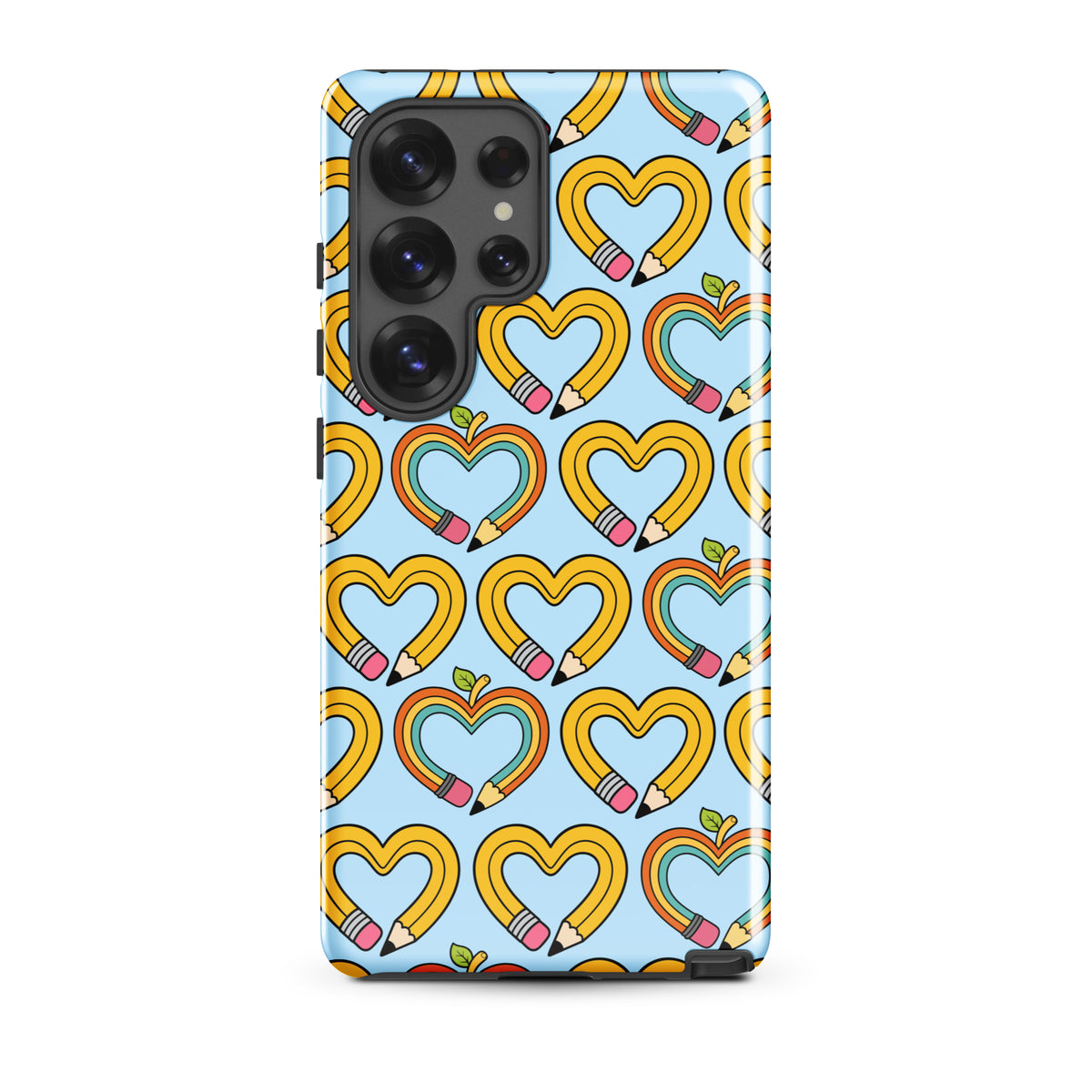 Phone Case for Samsung Galaxy with playful pencil-heart pattern and green leaves, symbolizing creativity and freshness.