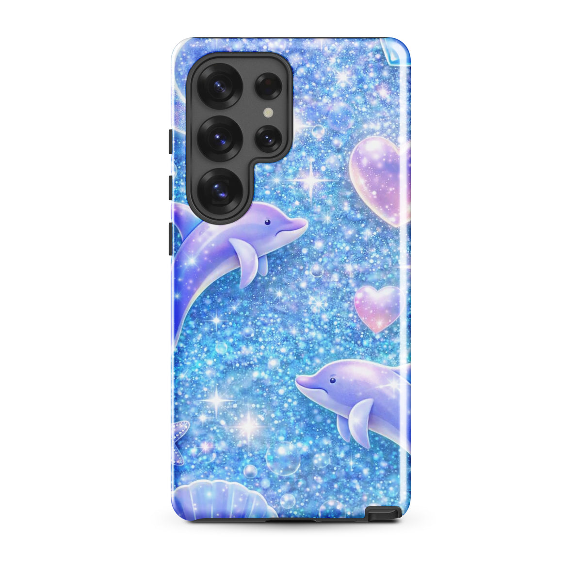 Phone Case for Samsung Galaxy with Ocean Glitter Dolphins design and floating pastel elements.