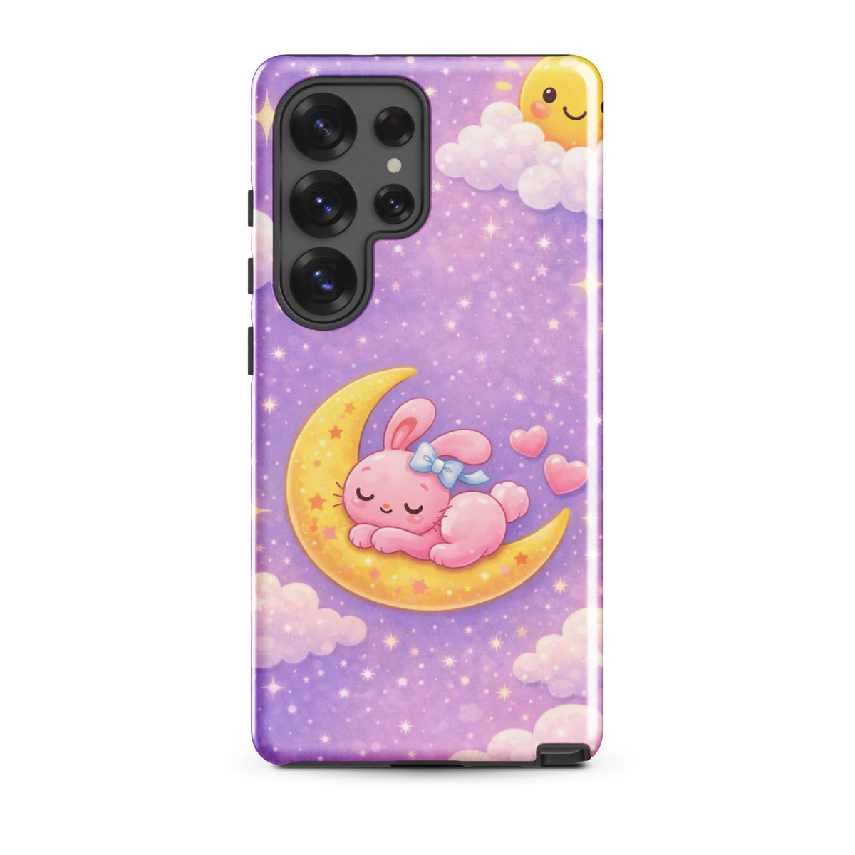 Phone Case for Samsung Galaxy - Cute, Cozy, Dreamy Bunny Moon Design featuring a pink bunny on a crescent moon with stars.