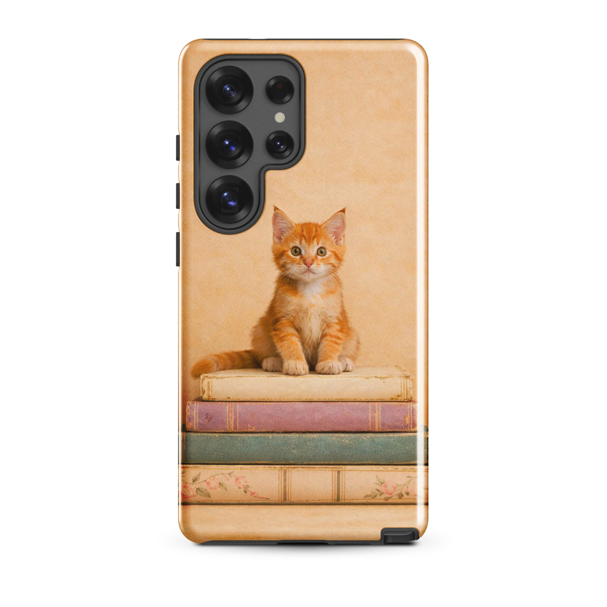 Phone Case for Samsung Galaxy with cozy kitten and vintage books design, featuring an orange tabby cat on pastel books.