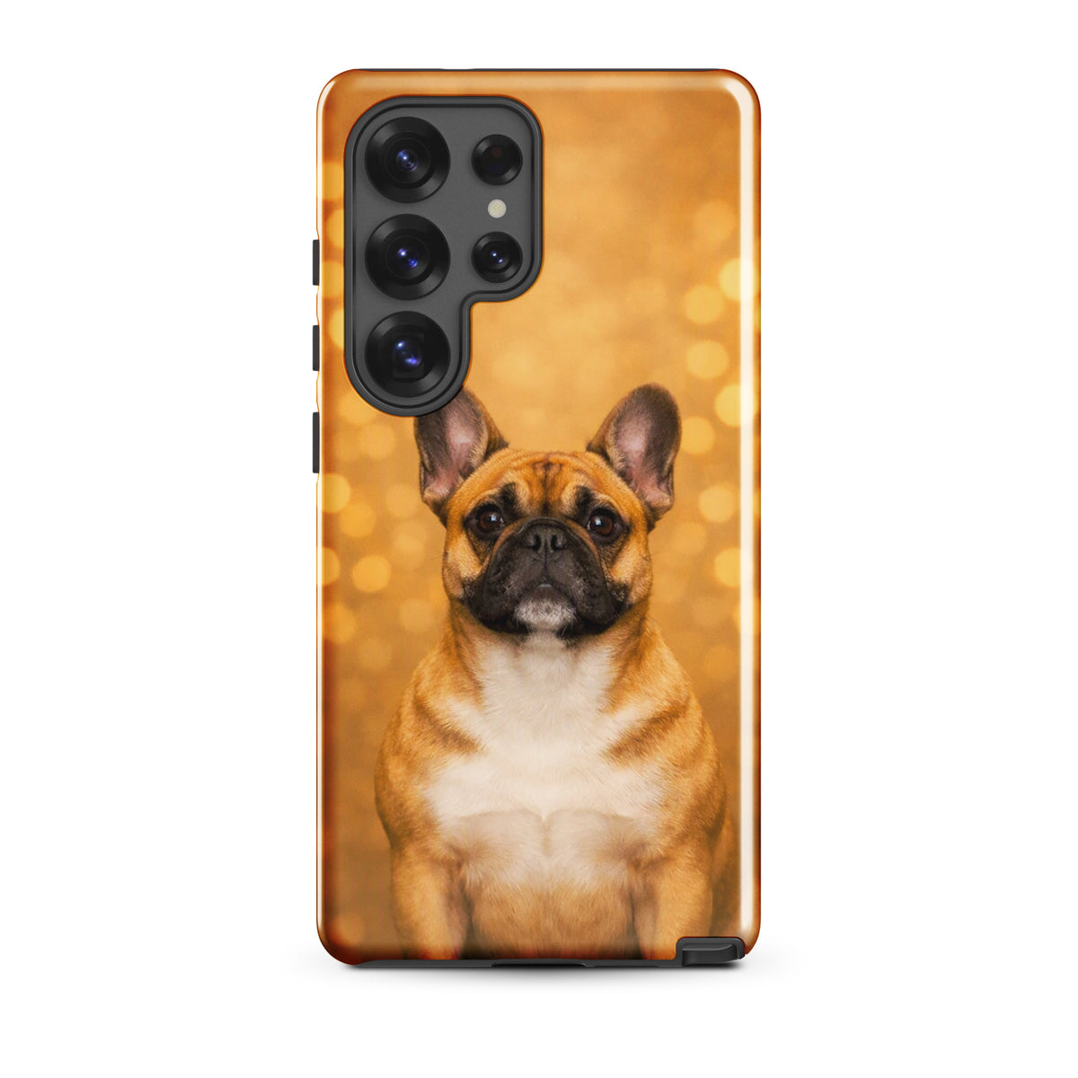 Phone Case for Samsung Galaxy featuring French Bulldog portrait with golden bokeh background, charming design for dog lovers.