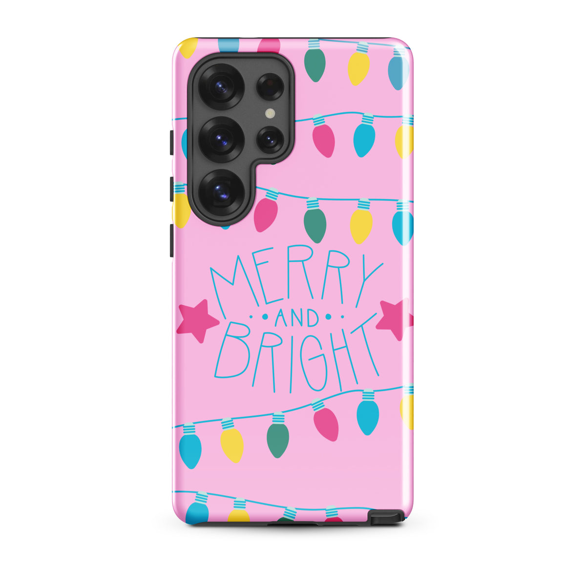 Phone Case for Samsung Galaxy with Merry and Bright holiday lights design on pink background featuring colorful bulbs and stars.