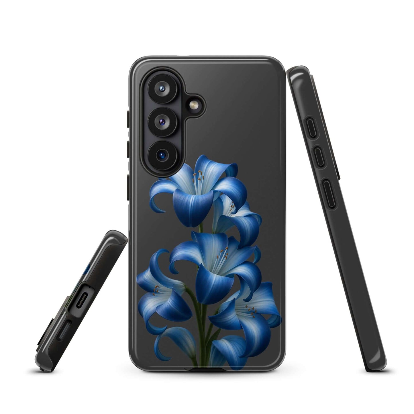 Phone Case for Samsung Galaxy featuring vibrant blue lily bloom art on a sleek dark backdrop, dual-layer protective design.