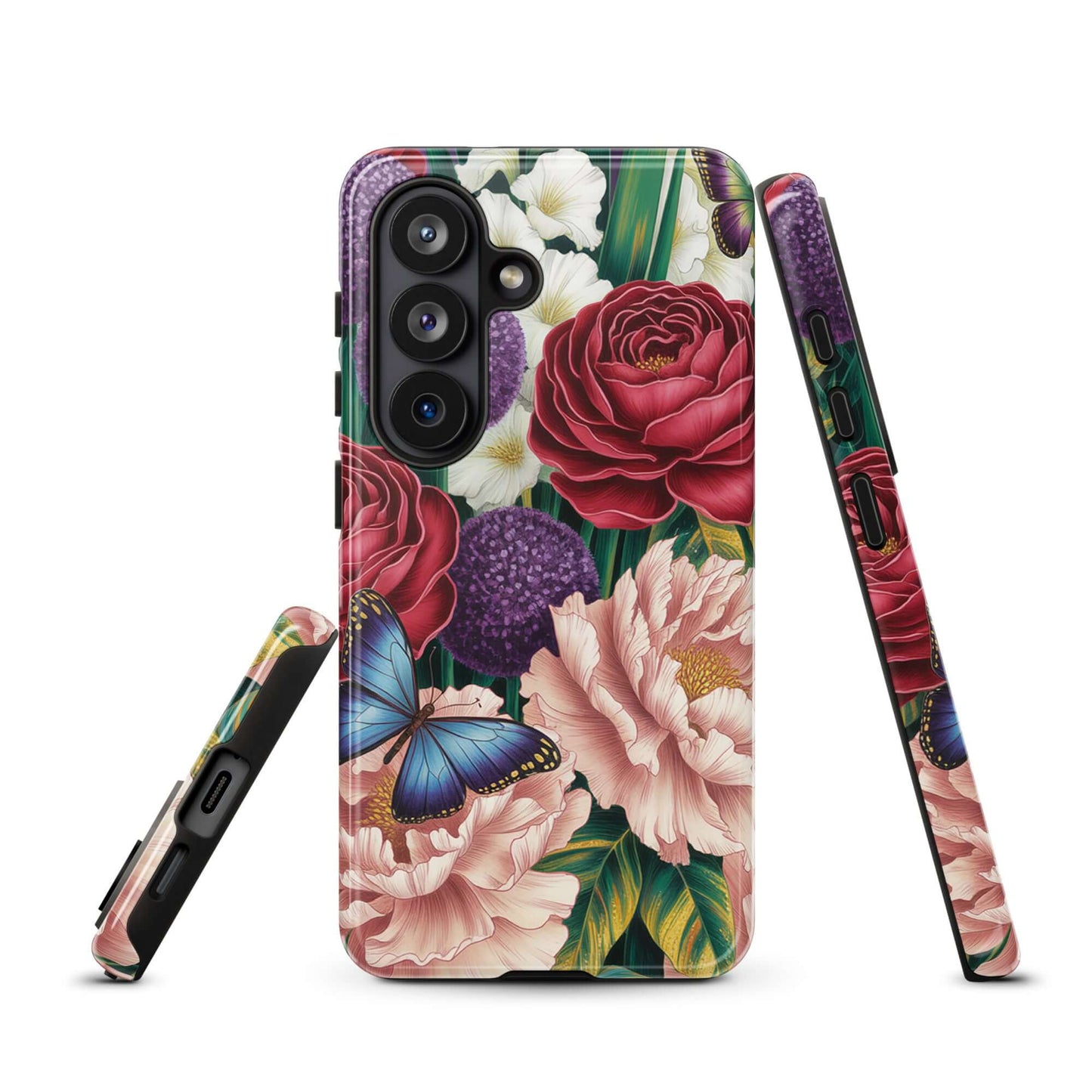 Phone Case for Samsung Galaxy featuring vibrant floral design with red roses, pink peonies, and purple alliums with blue butterflies.