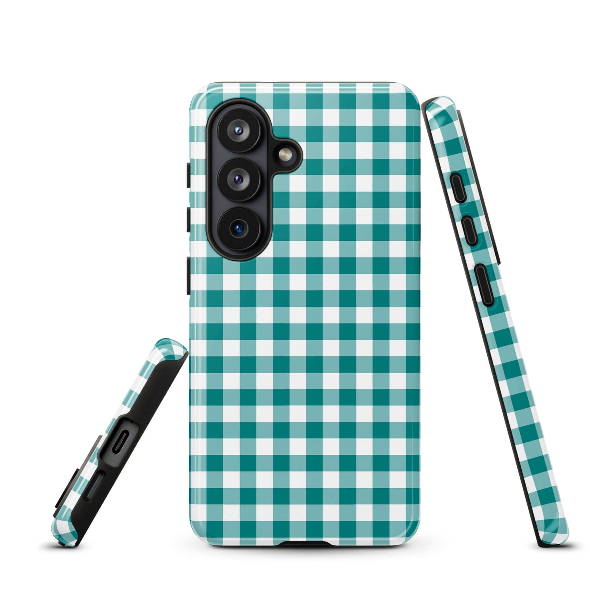 Phone Case for Samsung Galaxy with teal and white gingham pattern, providing stylish protection and luxury craftsmanship.