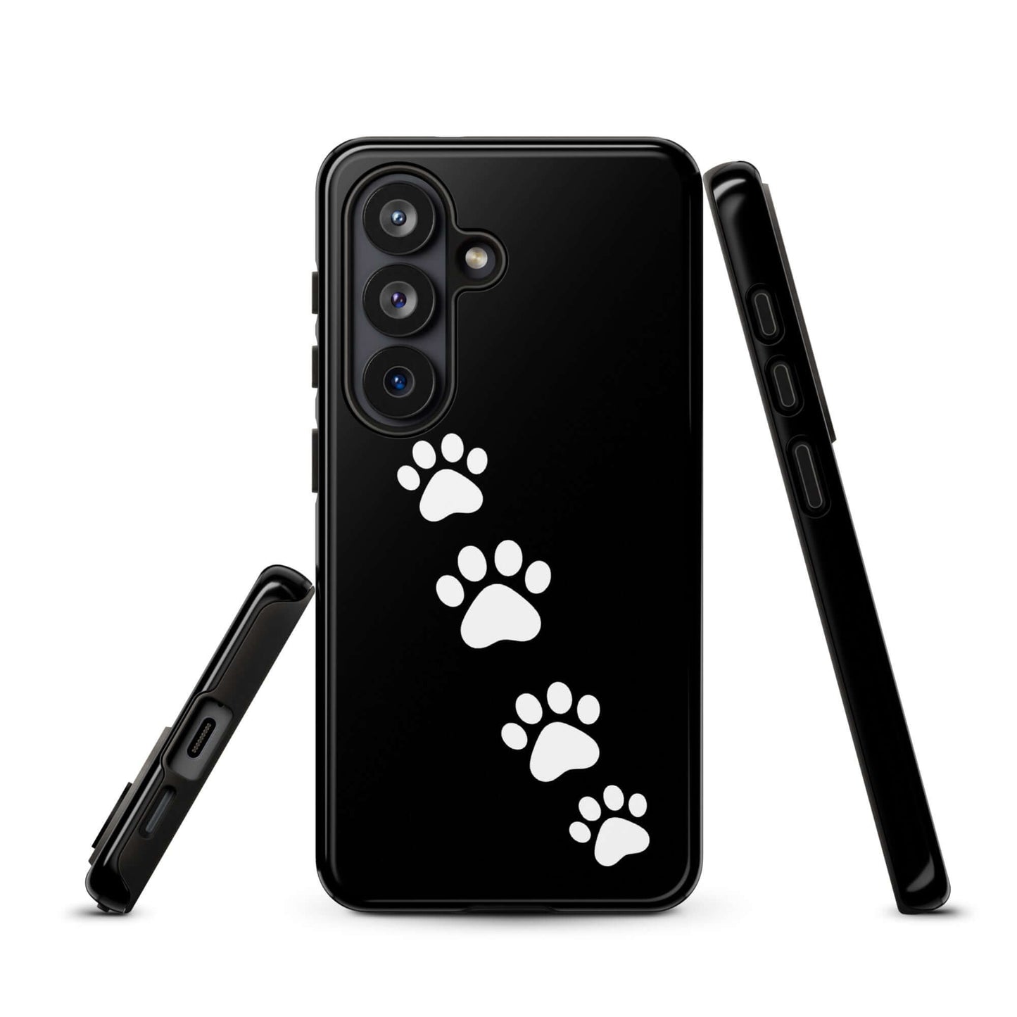 Phone case for Samsung Galaxy with white paw-print trail design, playful and modern accessory for pet lovers.
