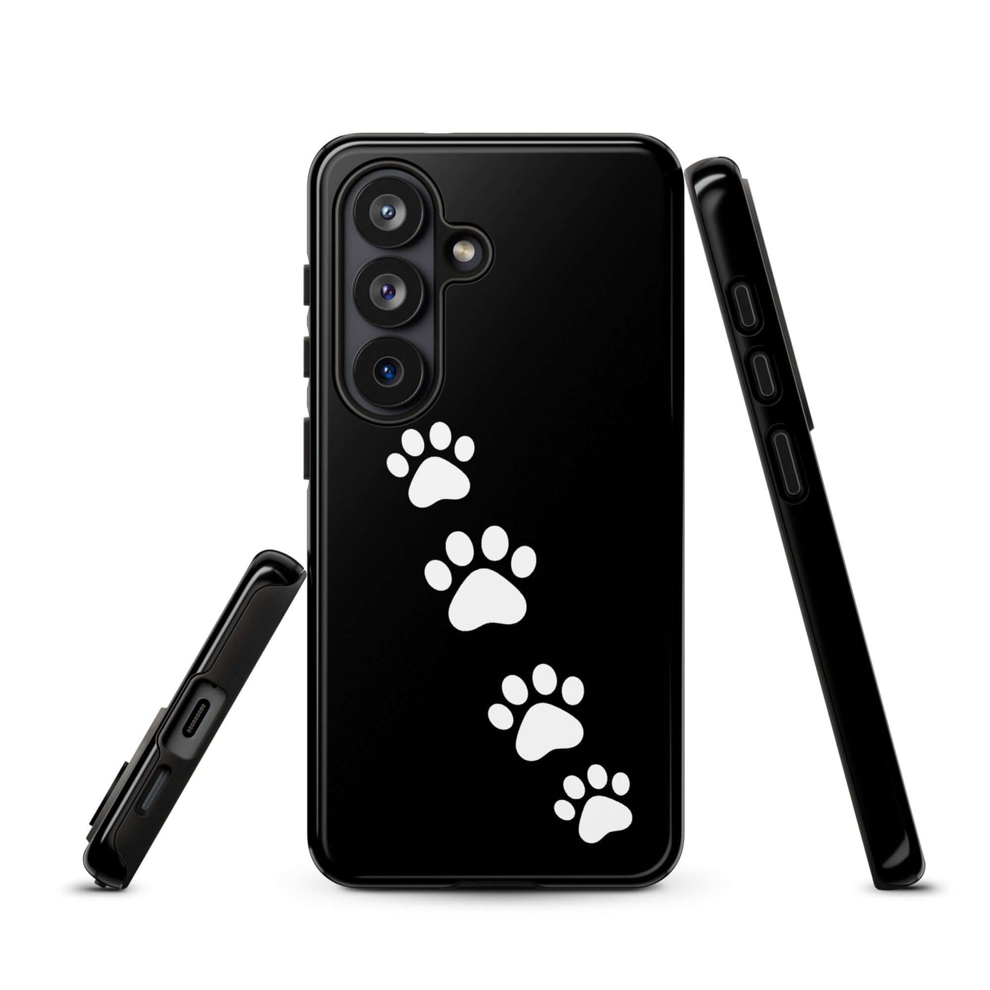 Phone case for Samsung Galaxy with white paw-print trail design, playful and modern accessory for pet lovers.