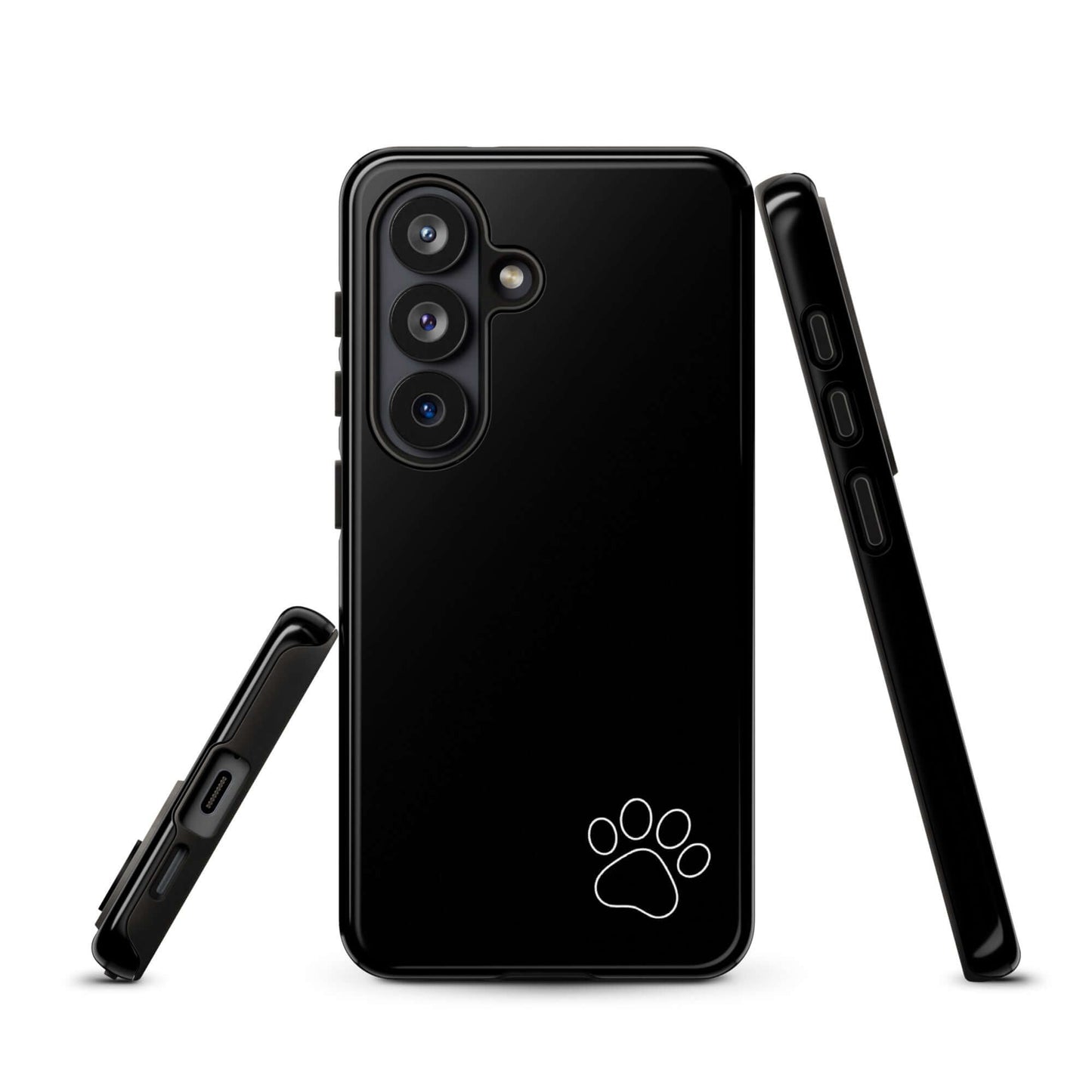 Black Phone Case for Samsung Galaxy with white paw print on bottom corner, minimalist tough design.