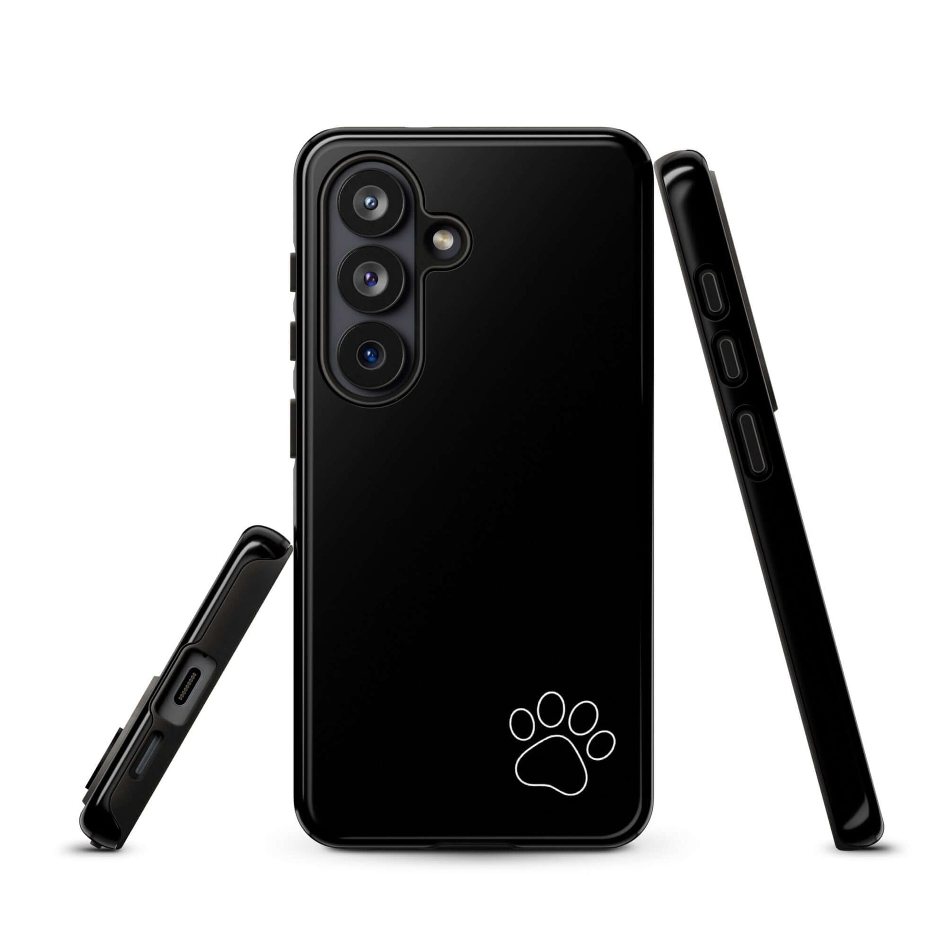 Black Phone Case for Samsung Galaxy with white paw print on bottom corner, minimalist tough design.