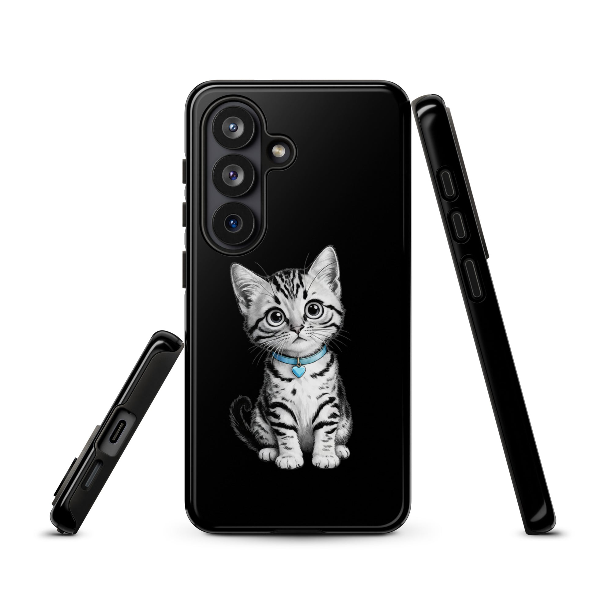 Phone Case for Samsung Galaxy featuring sketch of kitten with blue heart charm, black and white design for premium protection.