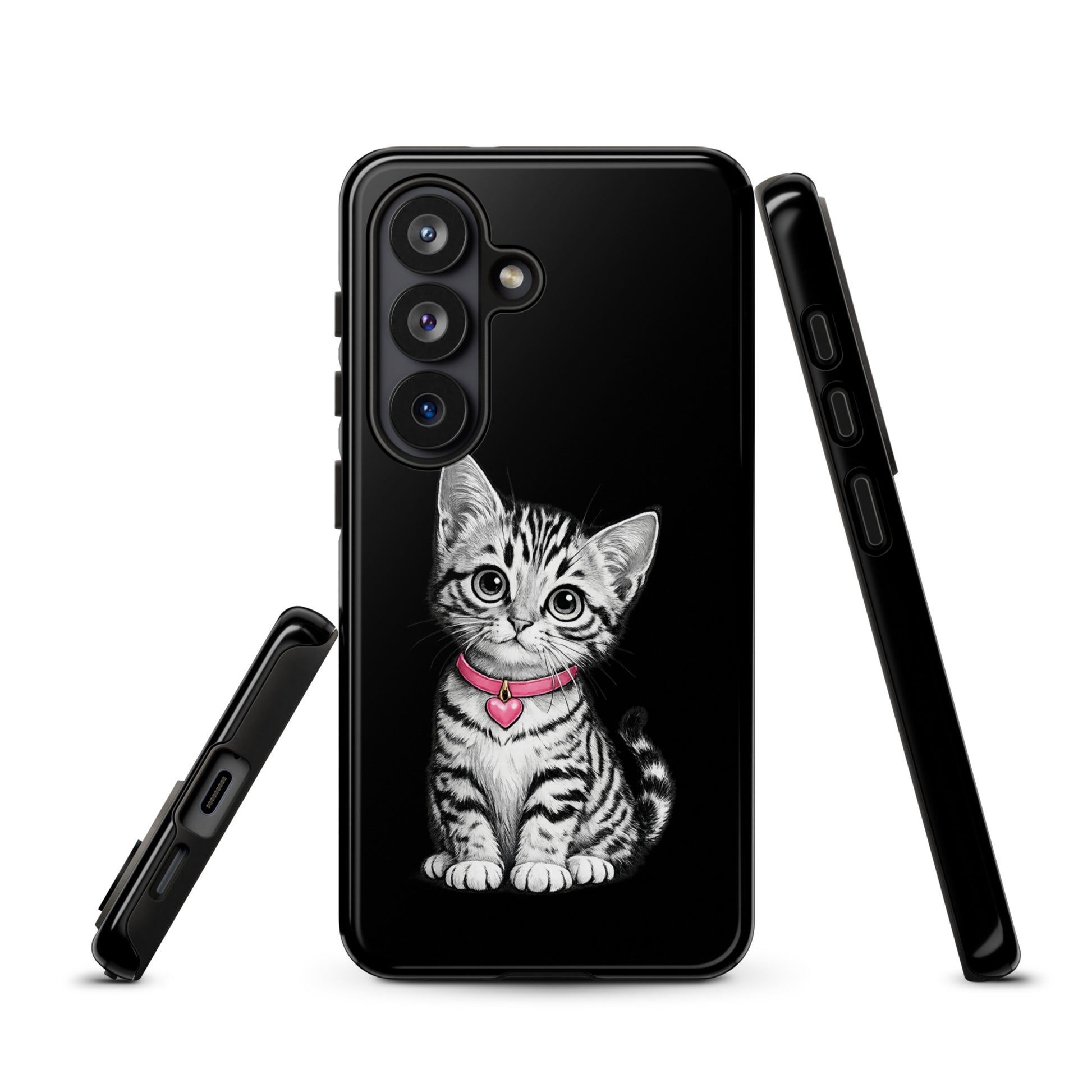 Phone Case for Samsung Galaxy with kitten and pink heart charm design
