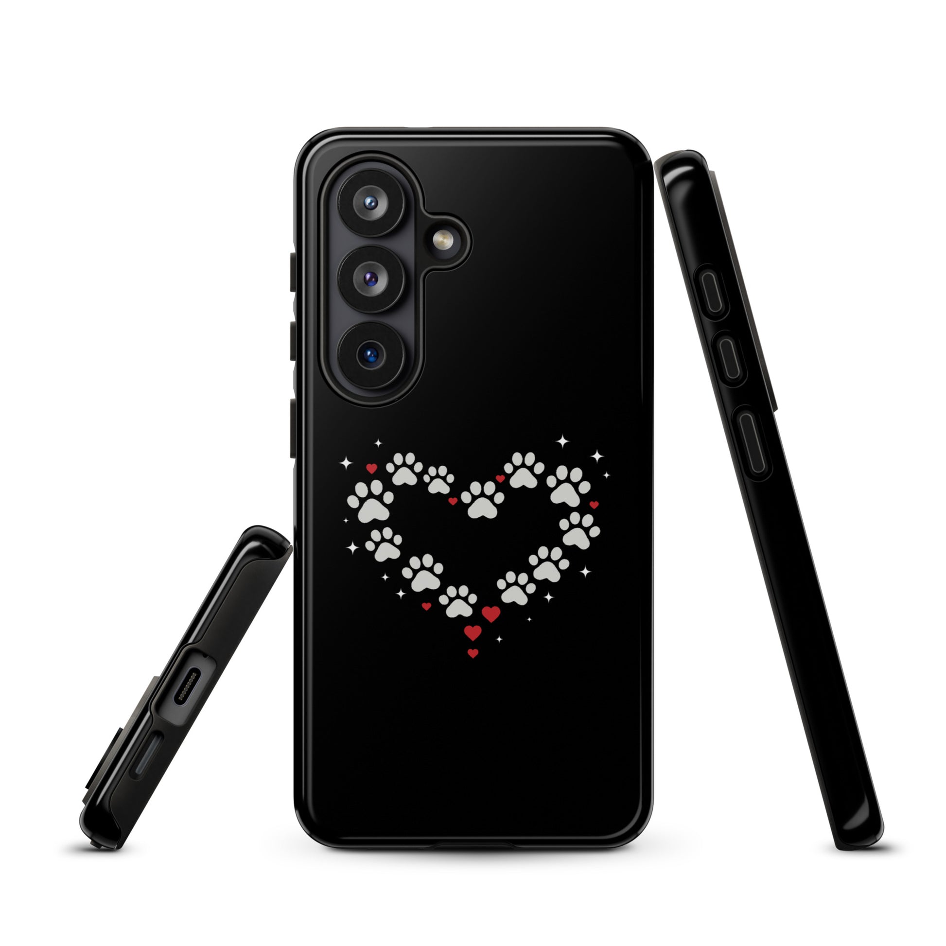 Phone Case for Samsung Galaxy with paw-print heart design on black background, ideal for animal lovers.