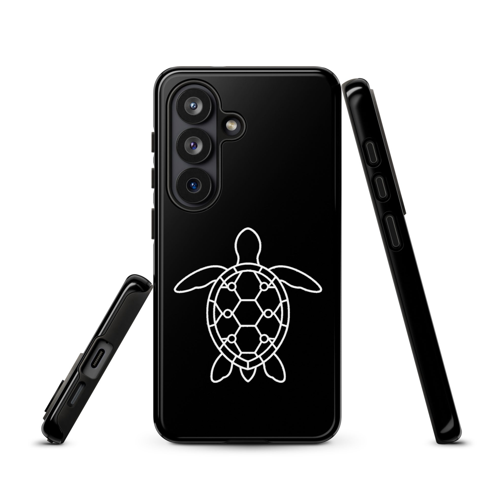 Minimalist sea turtle silhouette phone case for Samsung Galaxy featuring geometric pattern on sleek black design.