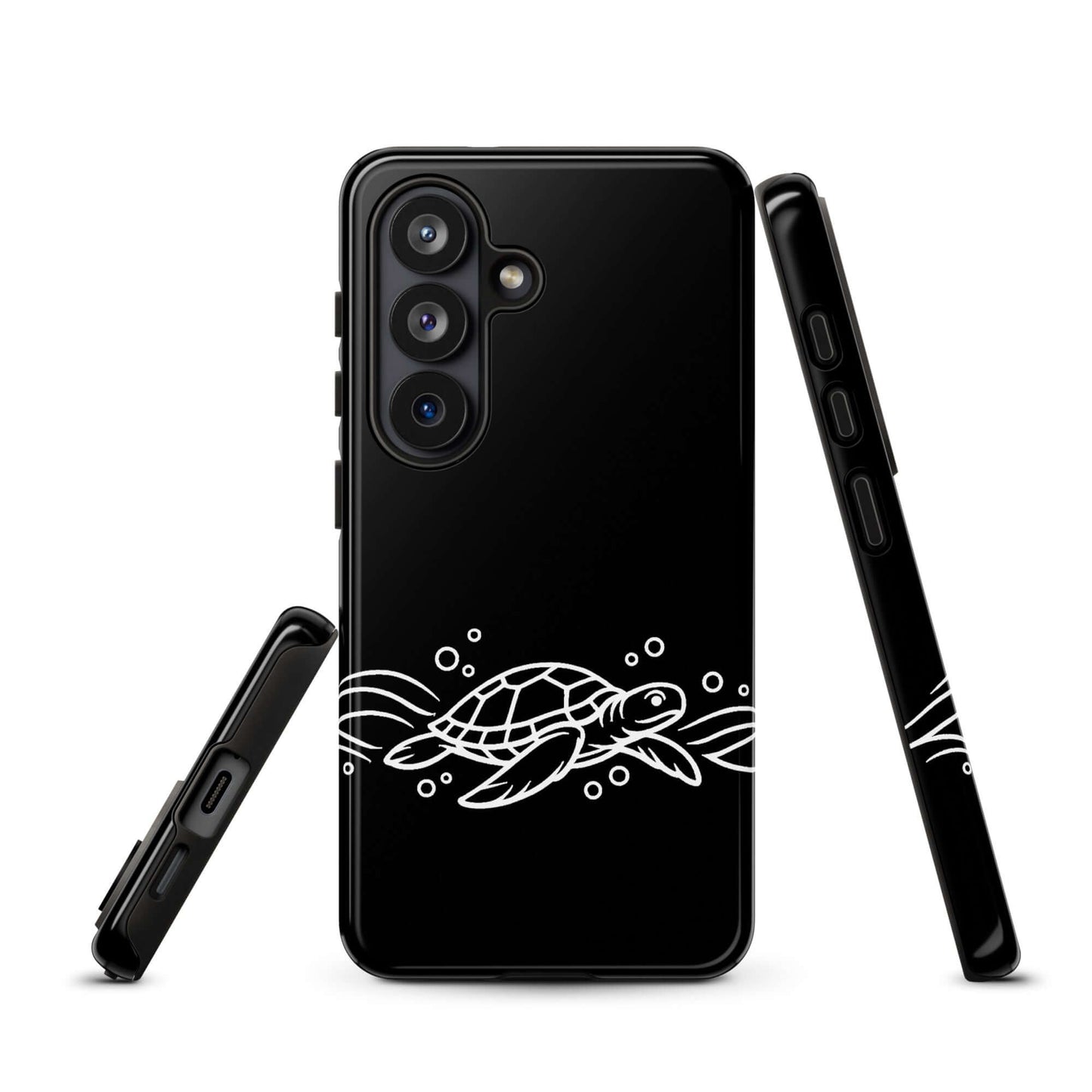 Phone Case for Samsung Galaxy with minimalist sea turtle design, featuring abstract waves and bubbles in black and white.