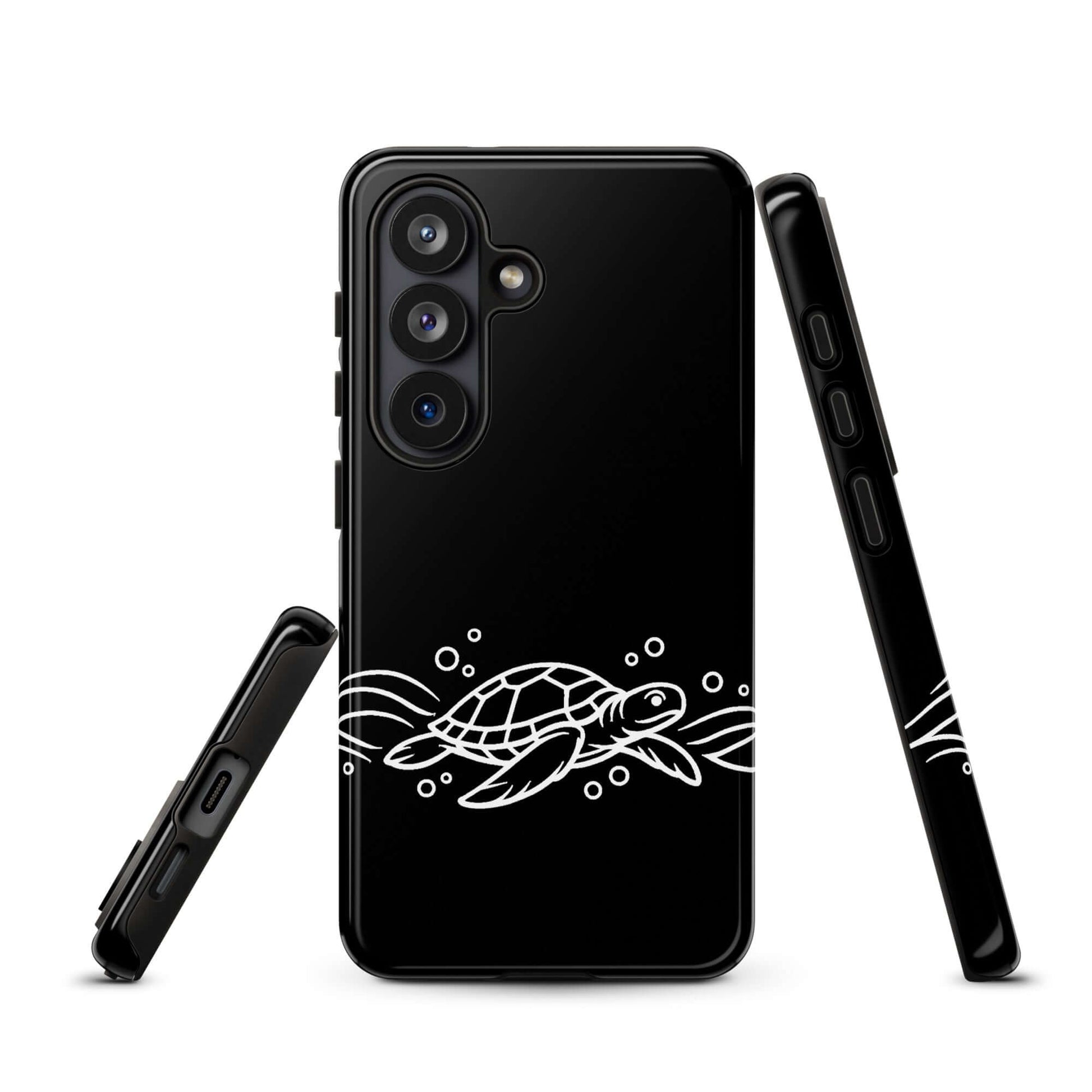 Phone Case for Samsung Galaxy with minimalist sea turtle design, featuring abstract waves and bubbles in black and white.