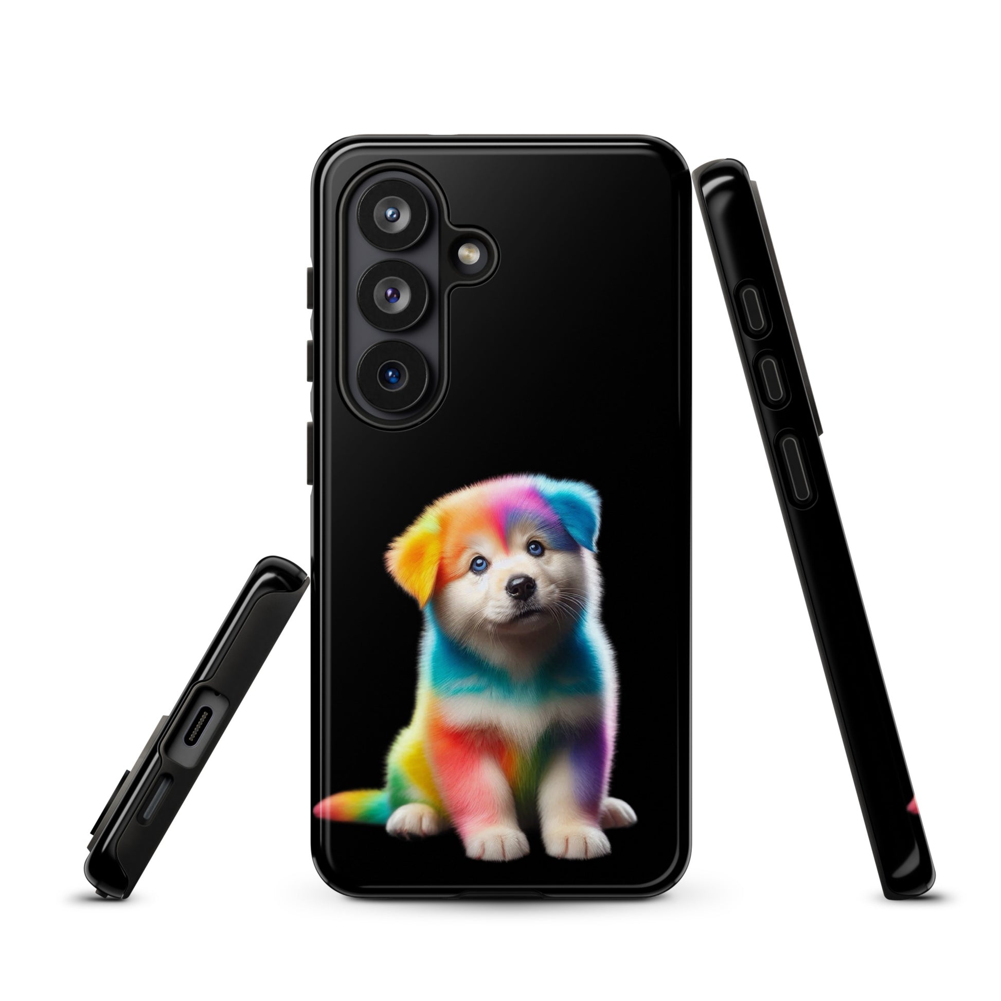 Phone Case featuring rainbow puppy design for Samsung Galaxy, set against a night sky, offering vibrant protection and style.