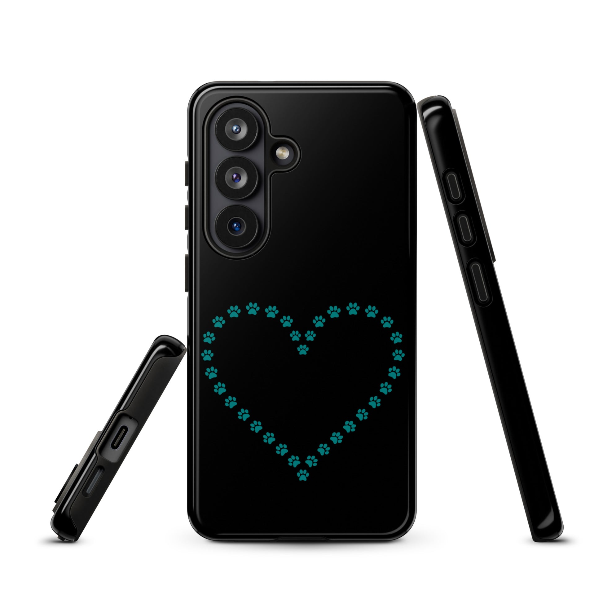Black Phone Case for Samsung Galaxy with teal paw print heart design for pet lovers, showcasing minimalist animal charm and protection.