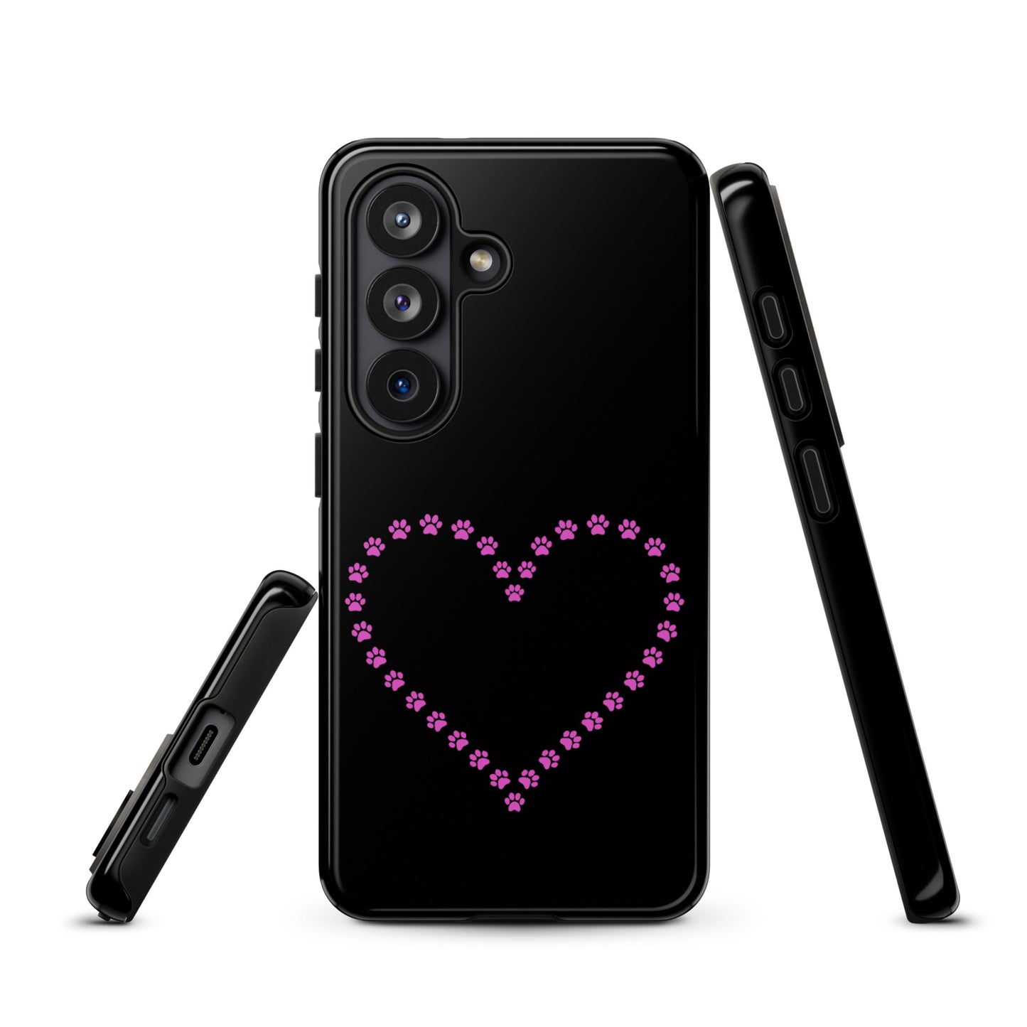 Phone Case for Samsung Galaxy with pink paw print heart design in black, perfect for pet lovers seeking style and protection.