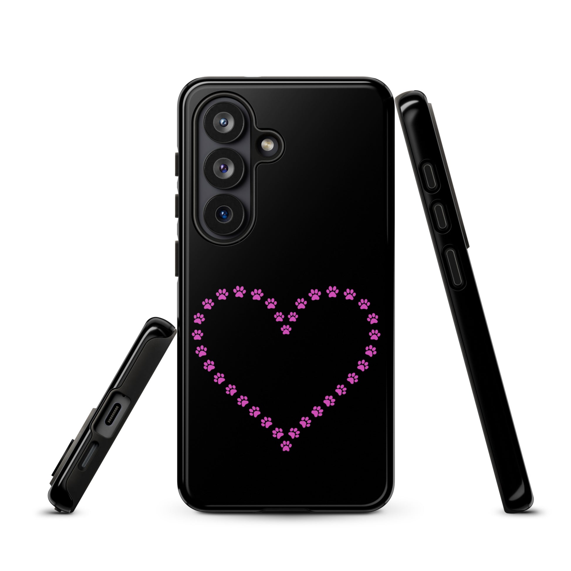 Phone Case for Samsung Galaxy with pink paw print heart design in black, perfect for pet lovers seeking style and protection.