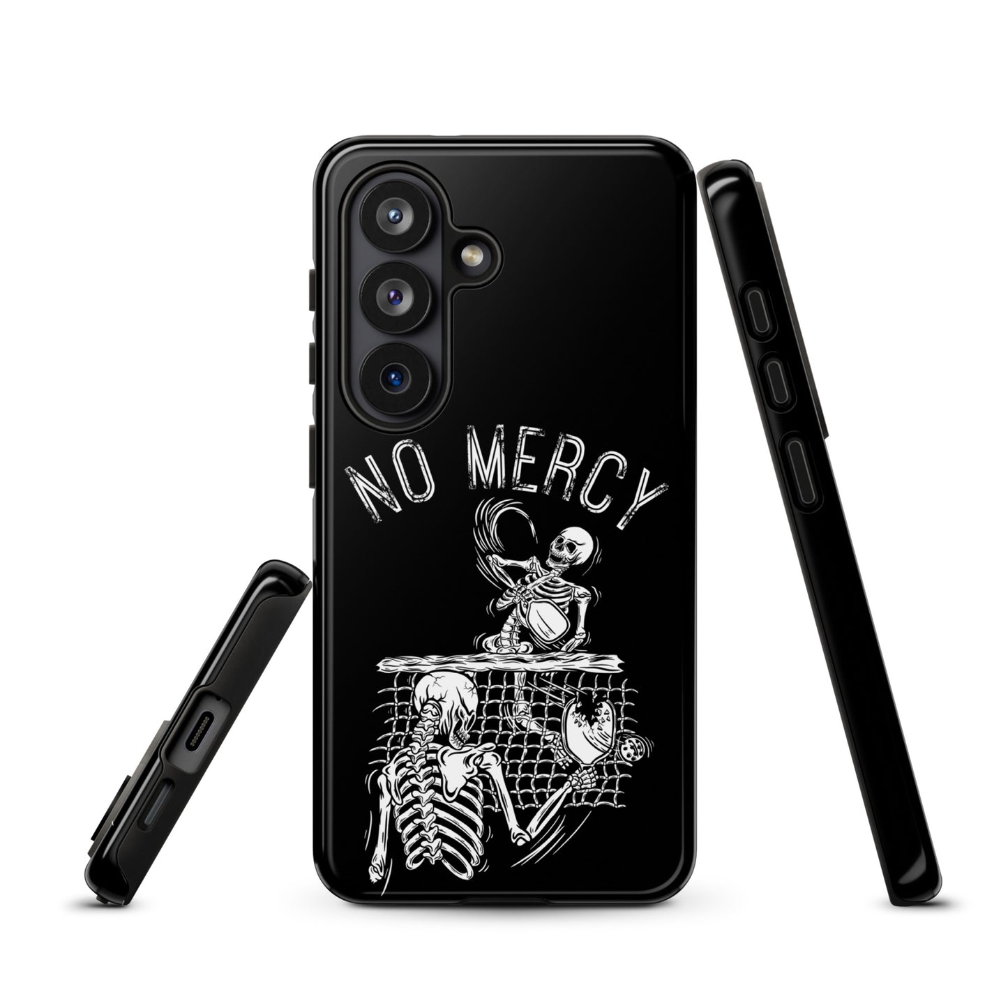 Pickleball Samsung Galaxy case with "No Mercy" skeleton design for intense players on the court.